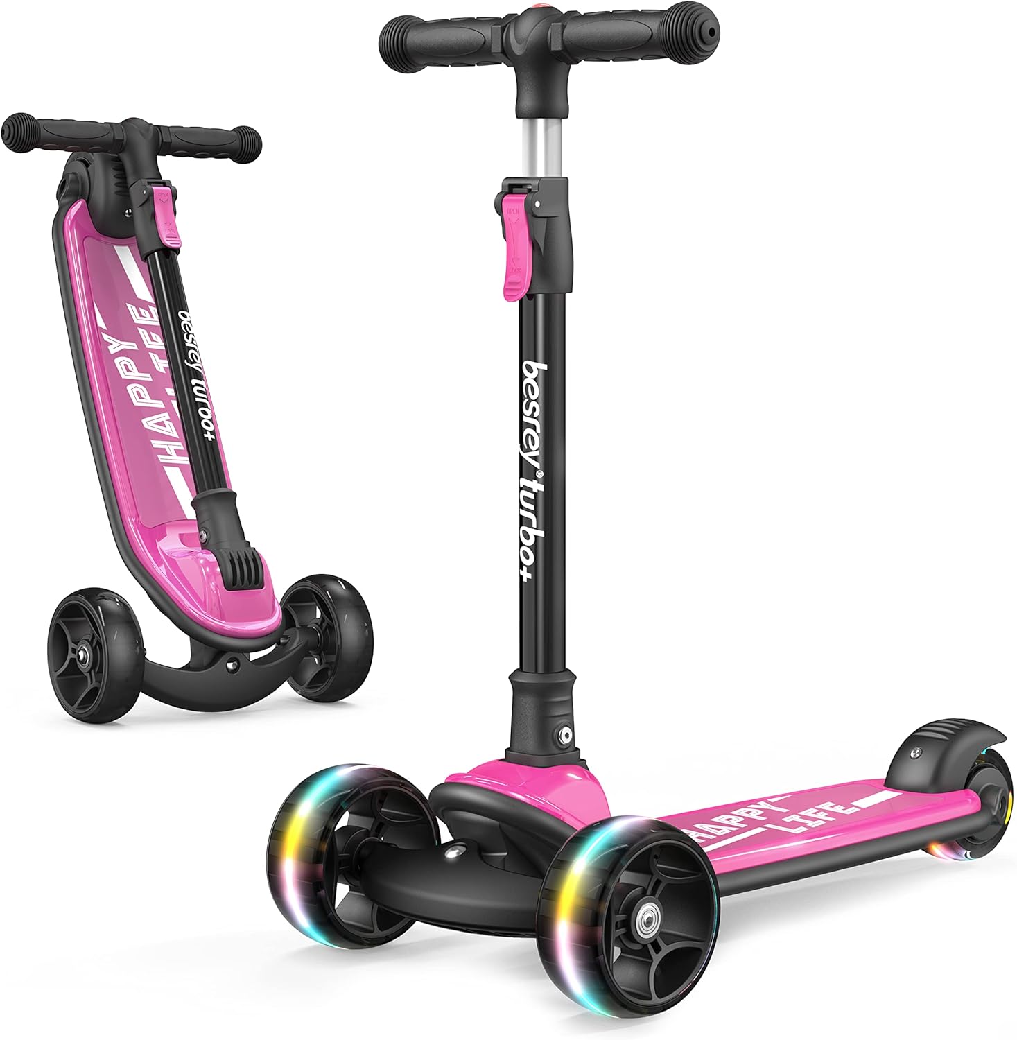 besrey Kids Scooter - Big Wheels Foldable Kick Scooter with Flashing LED Lights for Boys Girls, 4 Levels Height Adjustable Scooter, Wide Deck Scooter for Kids Ages 2-8