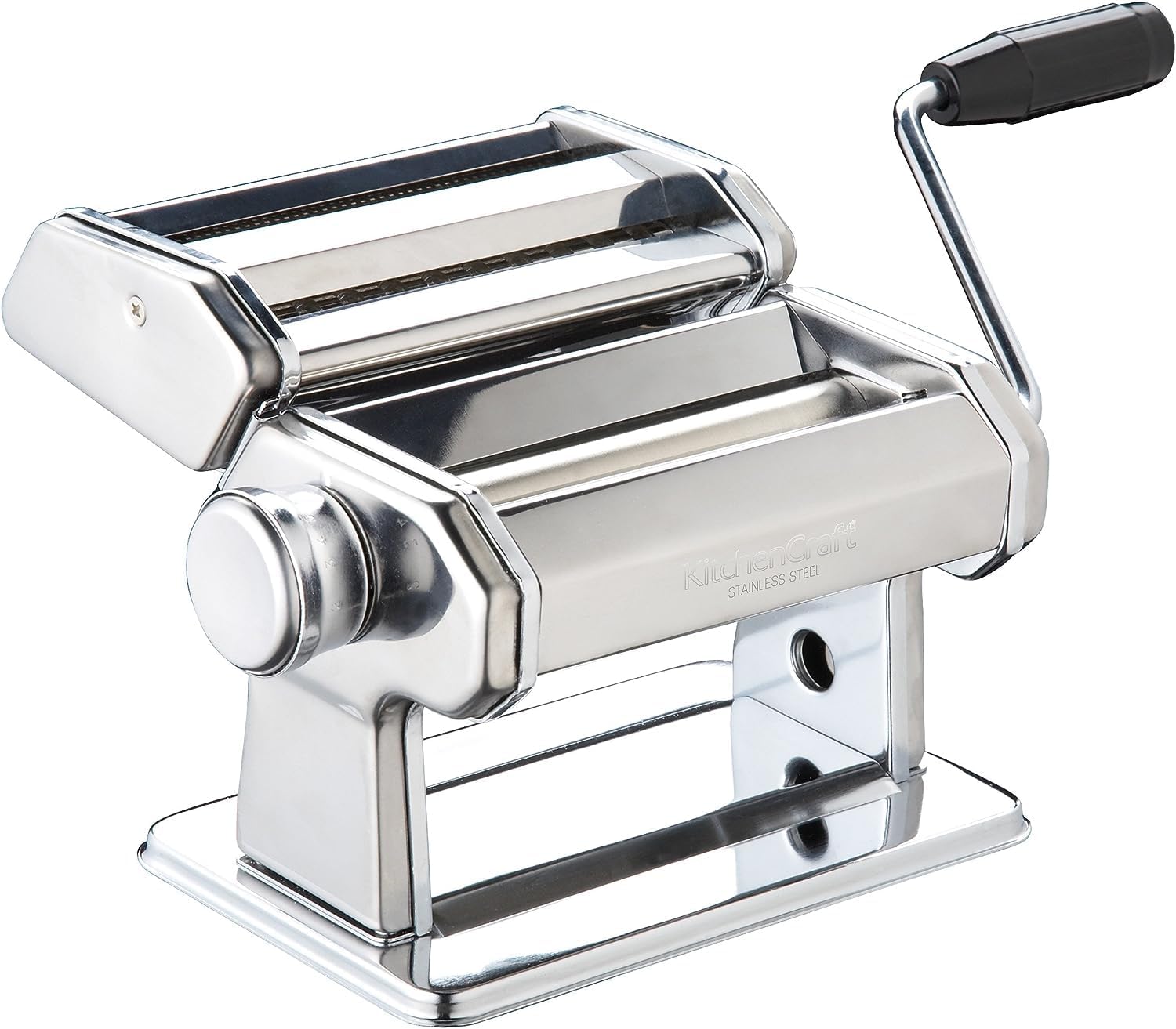 KitchenCraft World of Flavours Pasta Maker, Manual Pasta Machine with 9 Adjustable Thickness, Italian Deluxe Double Cutter, Stainless Steel