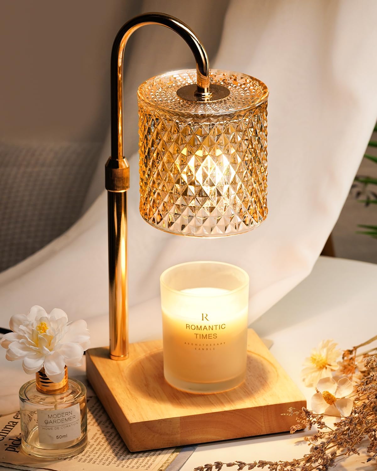 Funistree Candle Warmer Lamp with Timer, Candle Warmers Height Adjustable Dimmable, Birthday Gifts for Women Mum, Wax Melt Candle Heater Lamp with 2 Bulbs, House Warming Gifts New Home Bedroom Decor