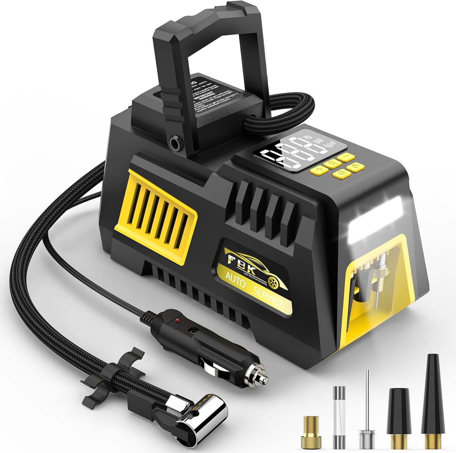 Portable Tire Inflator Digital Air Compressor 12V DC Tire Air Pump Car Accessories with Auto Shut-Off Function, Emergency LED Light, Carrying Case, Set of Nozzle Adaptors for Car, Motorcycle, Bicycle