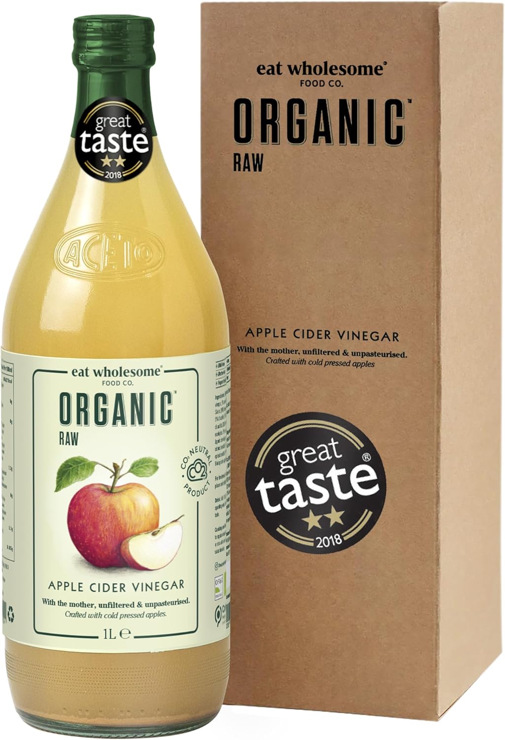 Eat Wholesome Organic Apple Cider Vinegar, 1L - Raw, Unpasteurised, Unfiltered, Award-Winning, Vegan, With The Mother, Glass Bottle in Box