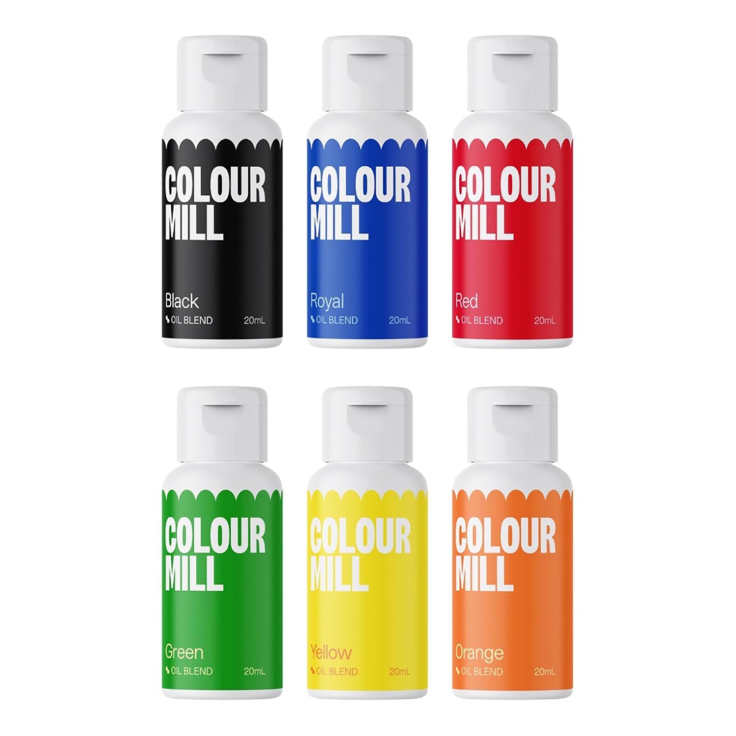 Colour Mill Oil Blend Food Coloring, Primary Pack - 20 Milliliters Each of 6 Colors: Black, Green, Orange, Red, Royal and Yellow