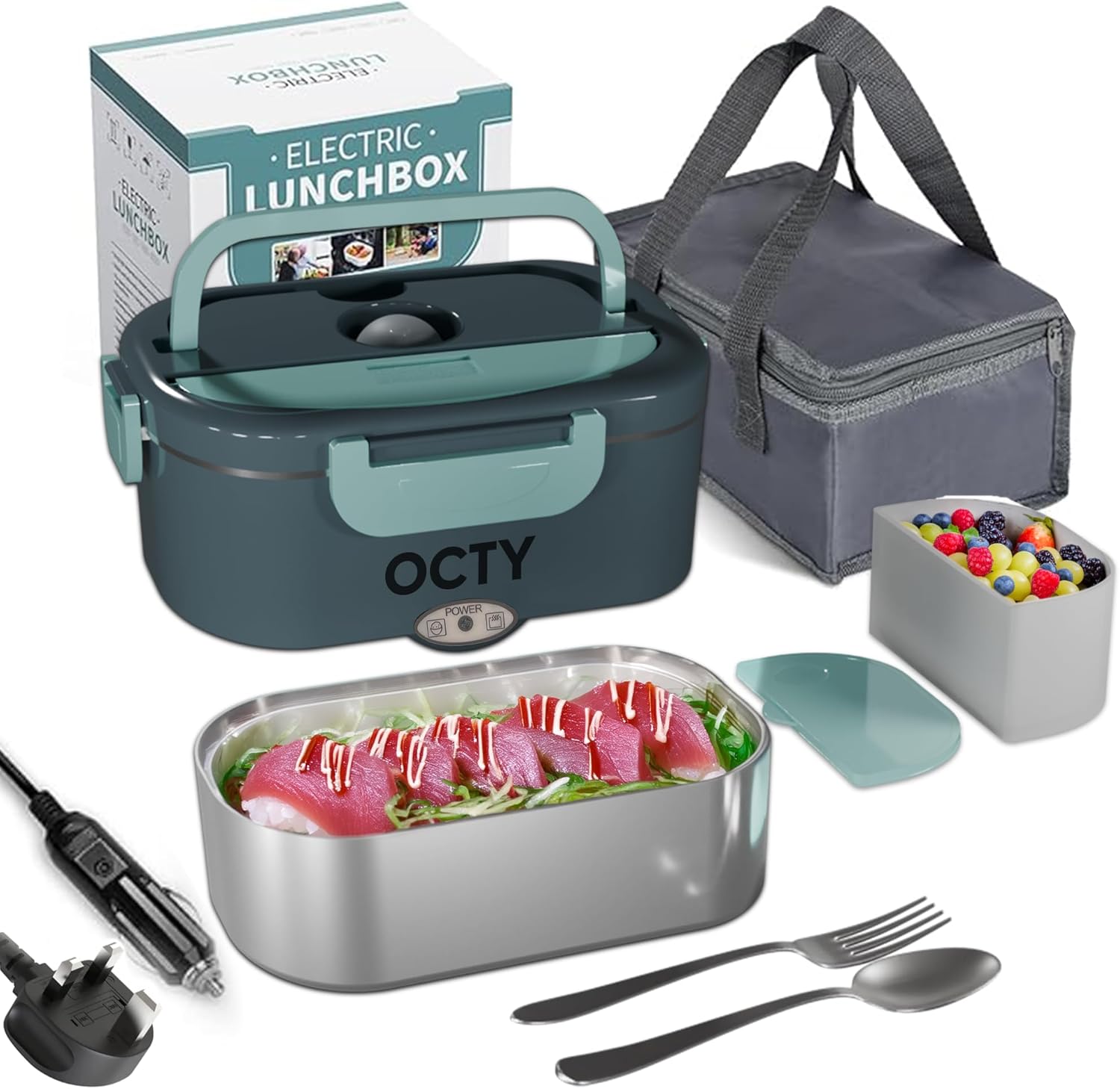 OCTY Electric Lunch Box Heater - Portable Food Warmer for Truck, Car, Office, Camping & Travel - 3-in-1 Adult Lunch Box - Green