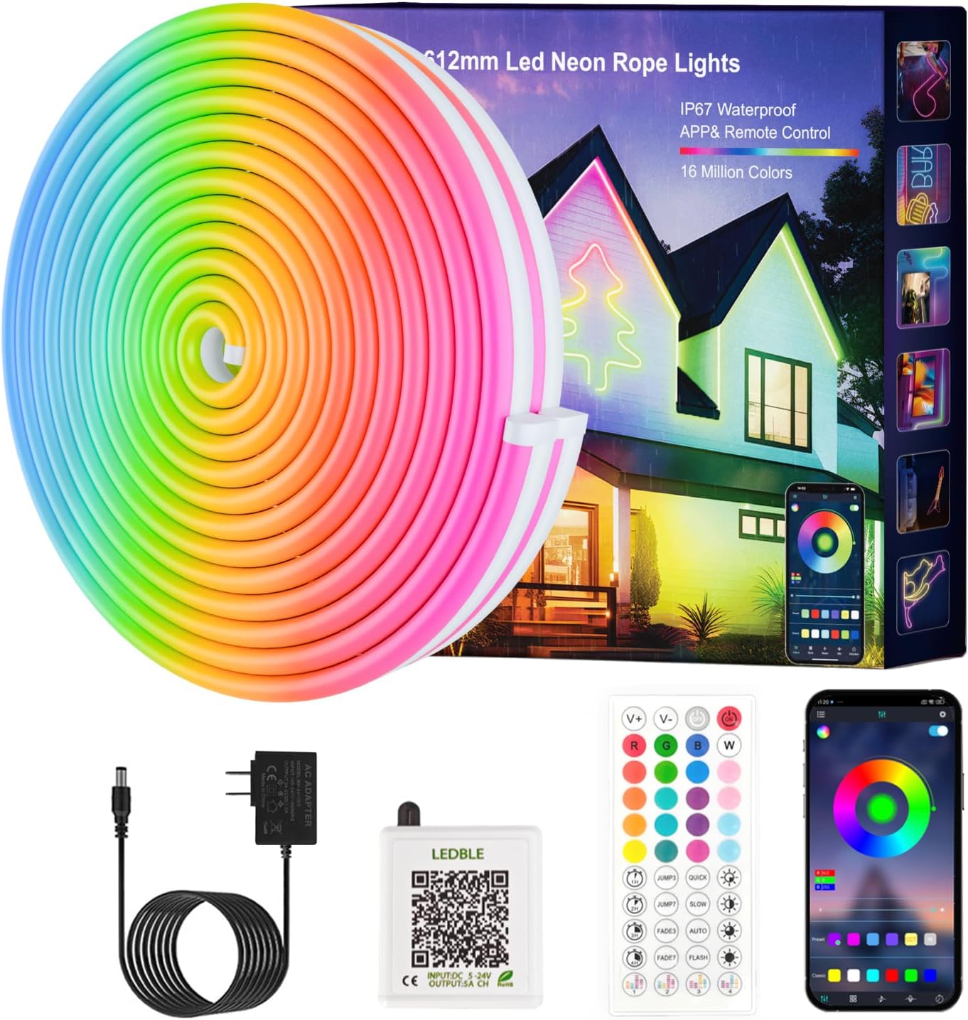 Neon Rope Lights, JIAMEI 20FT RGB LED Strip Lights, App Control, IR Remote, Music Syncing, Outdoor IP67 Waterproof, Flexible Neon Strip Lights Cuttable for Bedroom, Gaming, Party, Outdoors Decor
