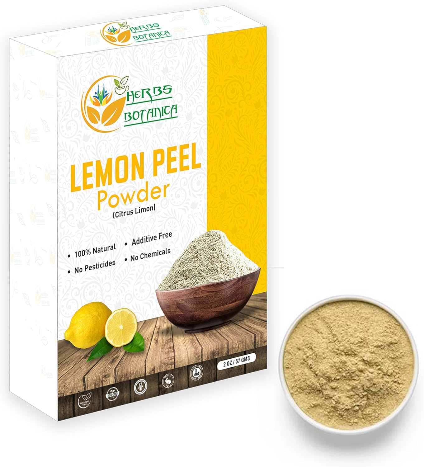 Herbs Botanica Lemon Peel Powder 100% Pure & Organic Dried Lemon Zest Powder for Cooking, Baking, Skin Care & DIY Beauty Natural in Resealable Pack 2 oz