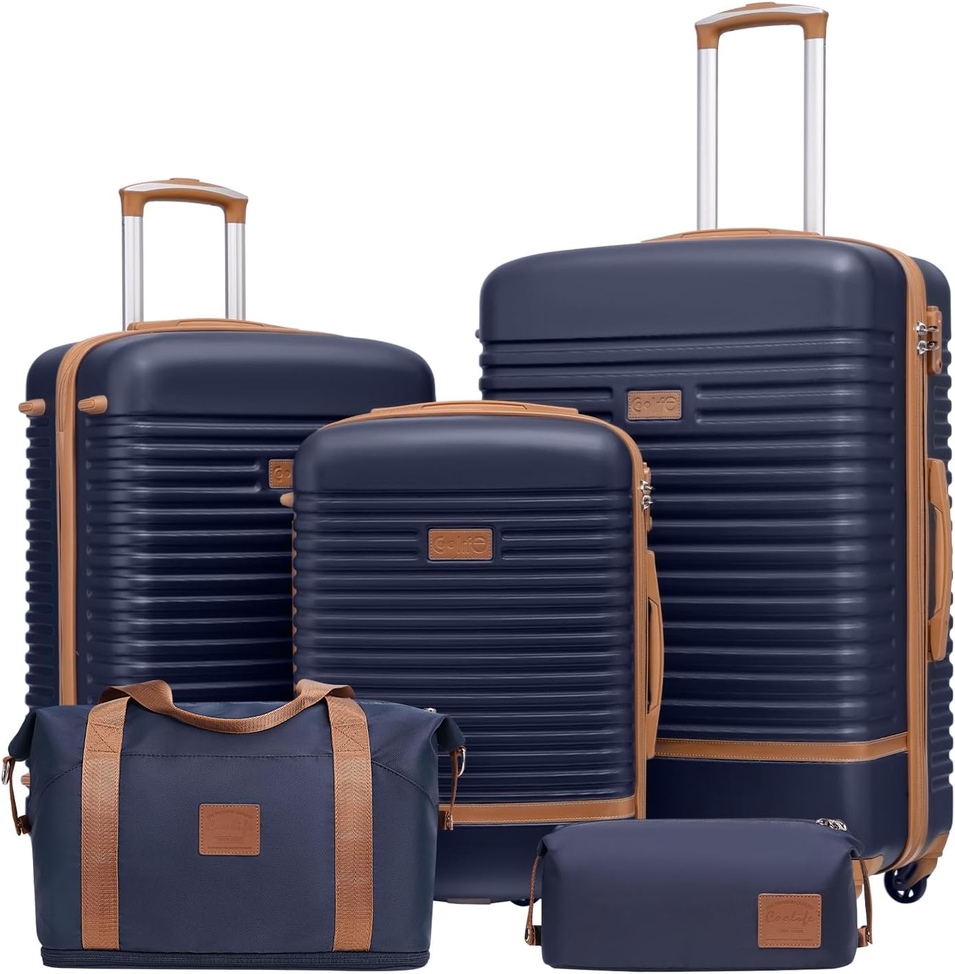 COOLIFE Suitcase Trolley Carry On Hand Cabin Luggage Hard Shell Travel Bag Lightweight with TSA Lock,The Suitcase Included 1pcs Travel Bag and 1pcs Toiletry Bag (Blue/Brown, 5 Piece Set)