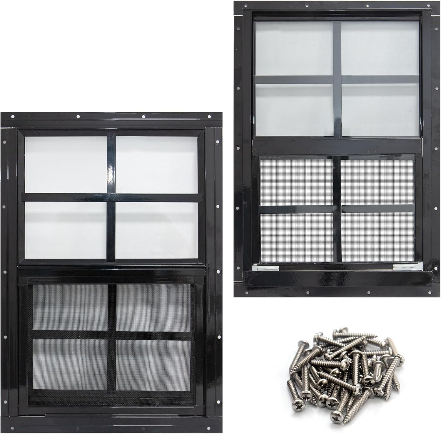 NeatiEase 2 Pack Shed Window with Black Frame, 12 x 18 Flush Mount Small Window with Tempered Glass and Fiberglass Screen for Shed, Chicken Coop, Playhouse, Household, Garage