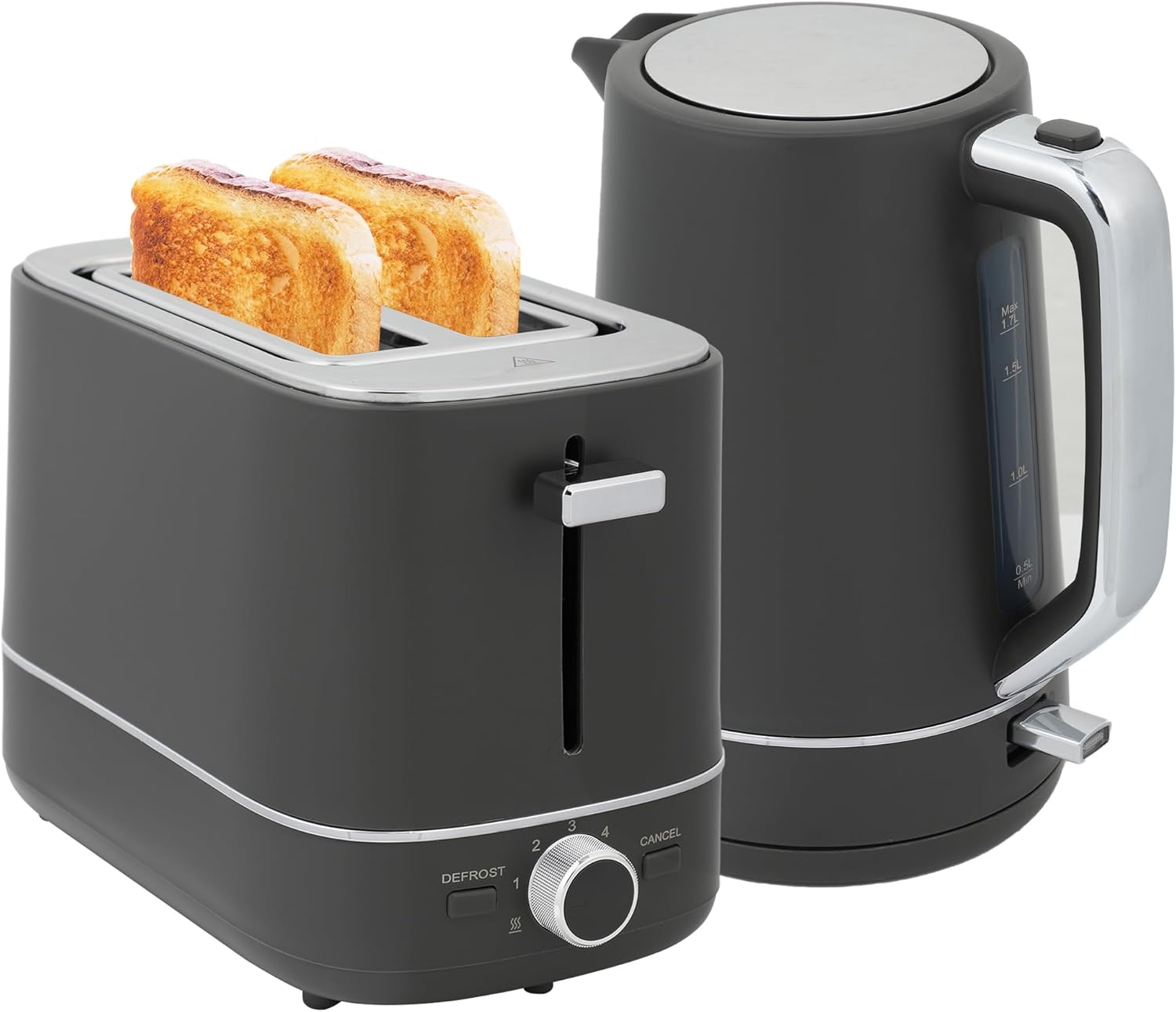 HOMCOM Kettle and Toaster Set, 1.7L 3000W Fast Boil Kettle & 2 Slice Toaster Kitchen Set with 6 Level Browning Controls, Defrost, Reheat, Grey