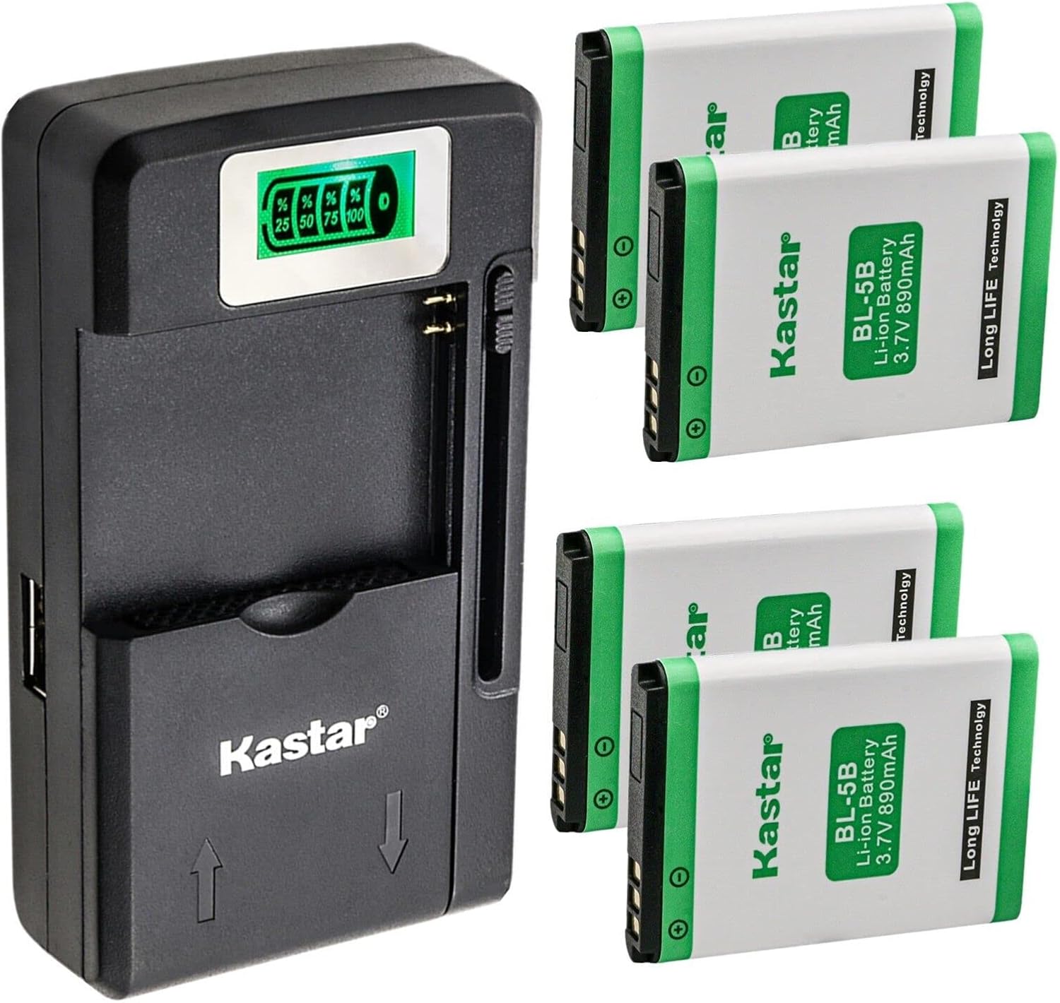 Kastar 4-Pack BL-5B Battery and Smart LCD Charger Replacement for VJIANGER 4K 48MP Mini Digital Compact Camera, Saneen 4K Small Compact Digital Camera, Avantree 10BS, 10BP and CK-11