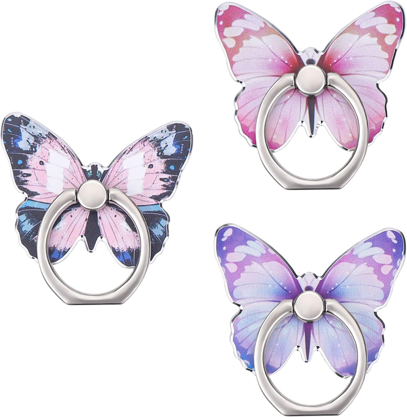 Cobee 3 Pcs Butterfly Cell Phone Ring Stand Holder, Cute Butterfly Pattern Painted Metal Finger Stand Kickstand 360°Rotation Phone Ring Holder Stand Ring Hand Grip with Knob Loop (Blue, Purple, Pink)