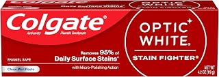 Colgate Optic White Stain Fighter Whitening Toothpaste, Clean Mint Flavor, Safely Removes Surface Stains, Enamel-Safe for Daily Use, Teeth Whitening Toothpaste with Fluoride, 4.2 Oz Tube