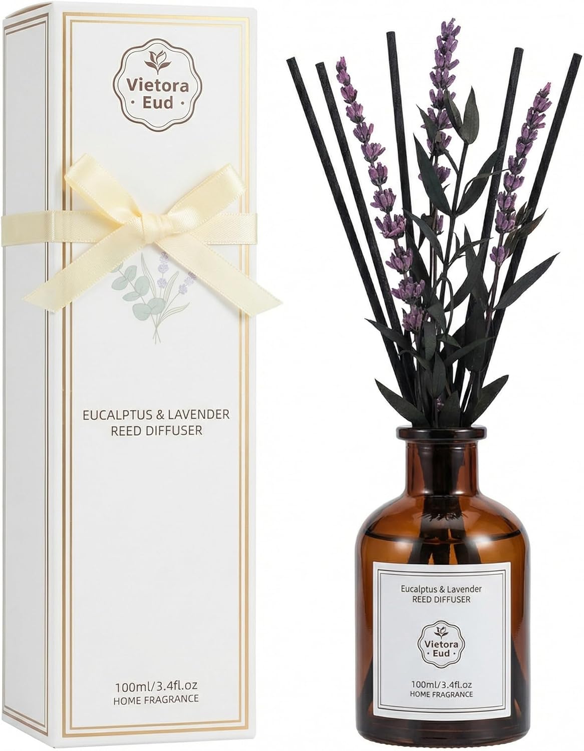 Eucalyptus & Lavender Essential Oil Reed Diffuser - 3.34 Fl Oz, Luxury Hotel Collection Diffuser Oil Inspired by Ritz Carlton for Home&Office, Bedroom/Living Room Shelf Decor,Non-Toxic & Gift Ready