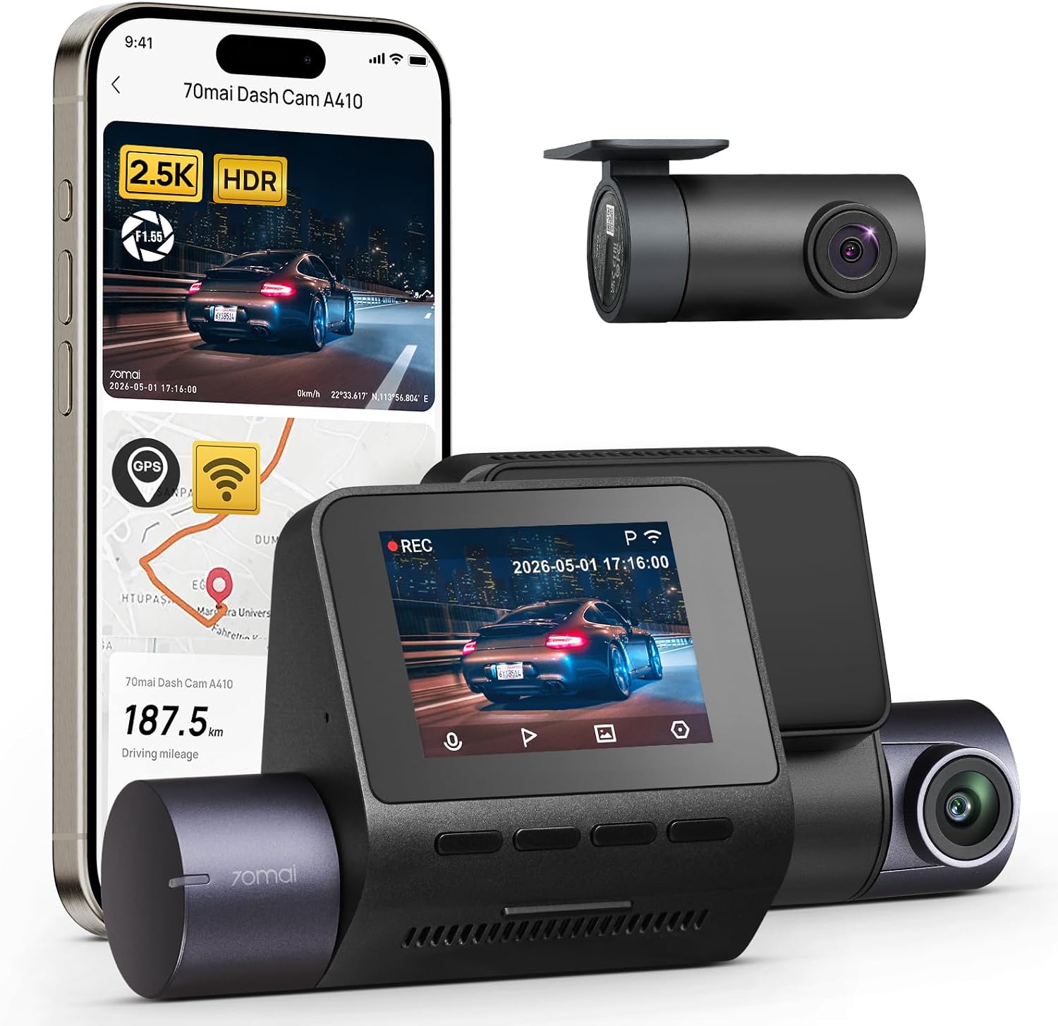 70mai Dash Cam Front and Rear - 2.5K+1080P Dual Dash Camera with HDR, Super Night Vision, F1.55 Aperture, 24H Parking Mode, Built-in Wi-Fi & GPS, G-Sensor, Loop Recording (A410)