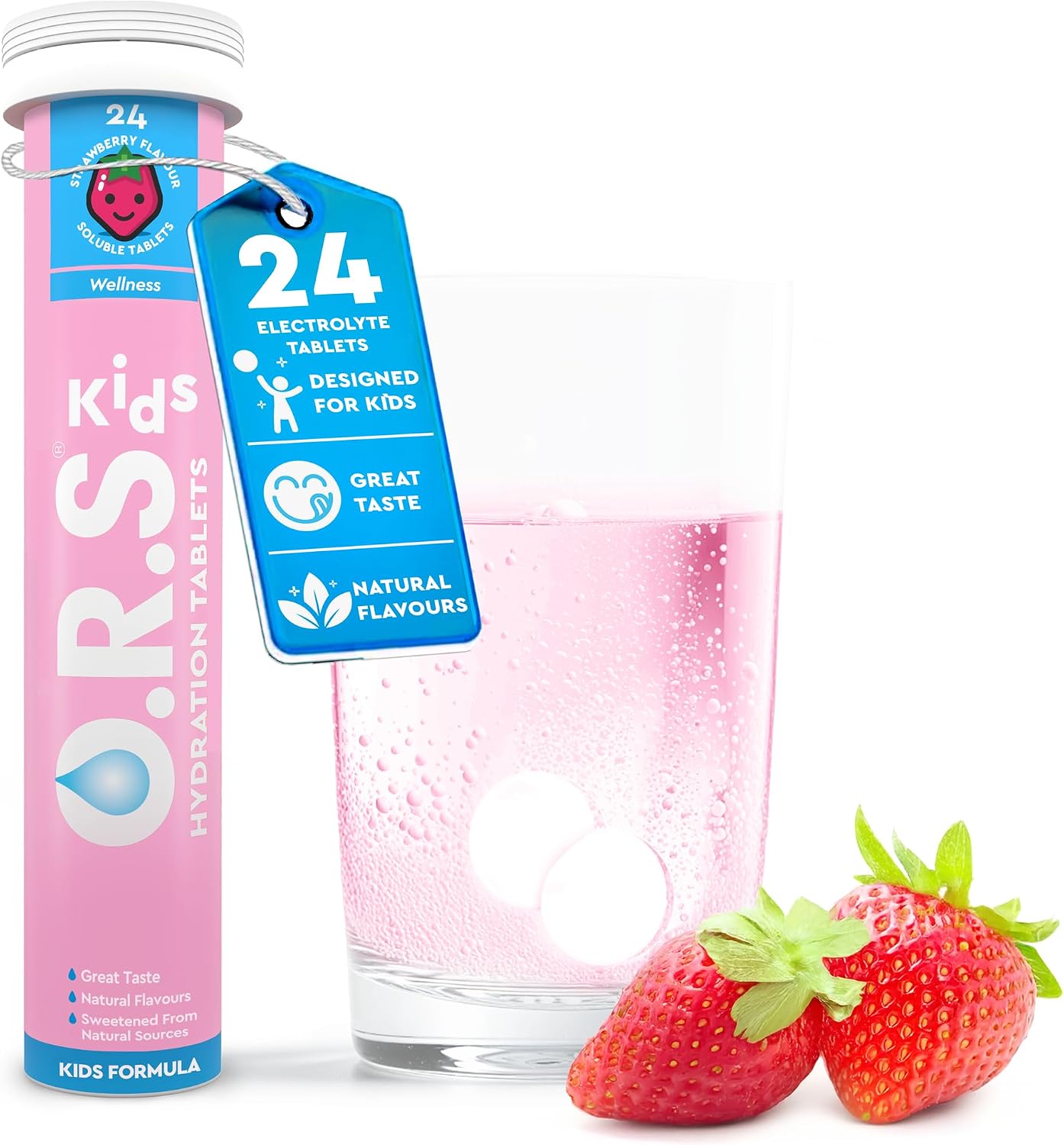O.R.S Kids Hydration Tablets - Strawberry, Pack of 1 | Natural Salts & Electrolytes for Dehydration & Immune Support | Electrolyte Replacement Supplement for Children | Vegan, Gluten-Free, Low Calorie