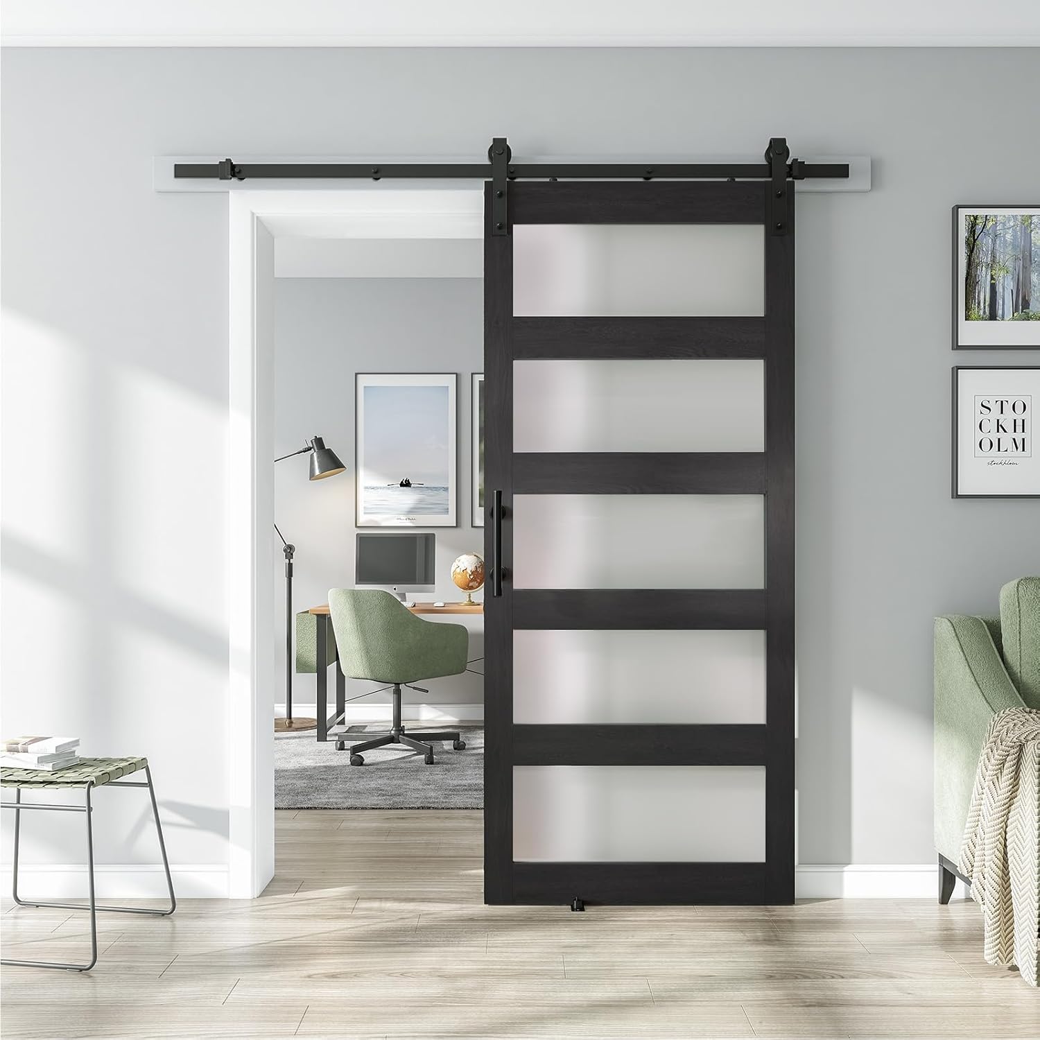 36'' x 84'' Glass Barn Door and 6.6 Ft Hardware Kit Included, MDF White Barn Door Slab with Frosted Glass, PVC Surface, Combined with Handle and Floor Guide-Assembly Required, Dark Grey