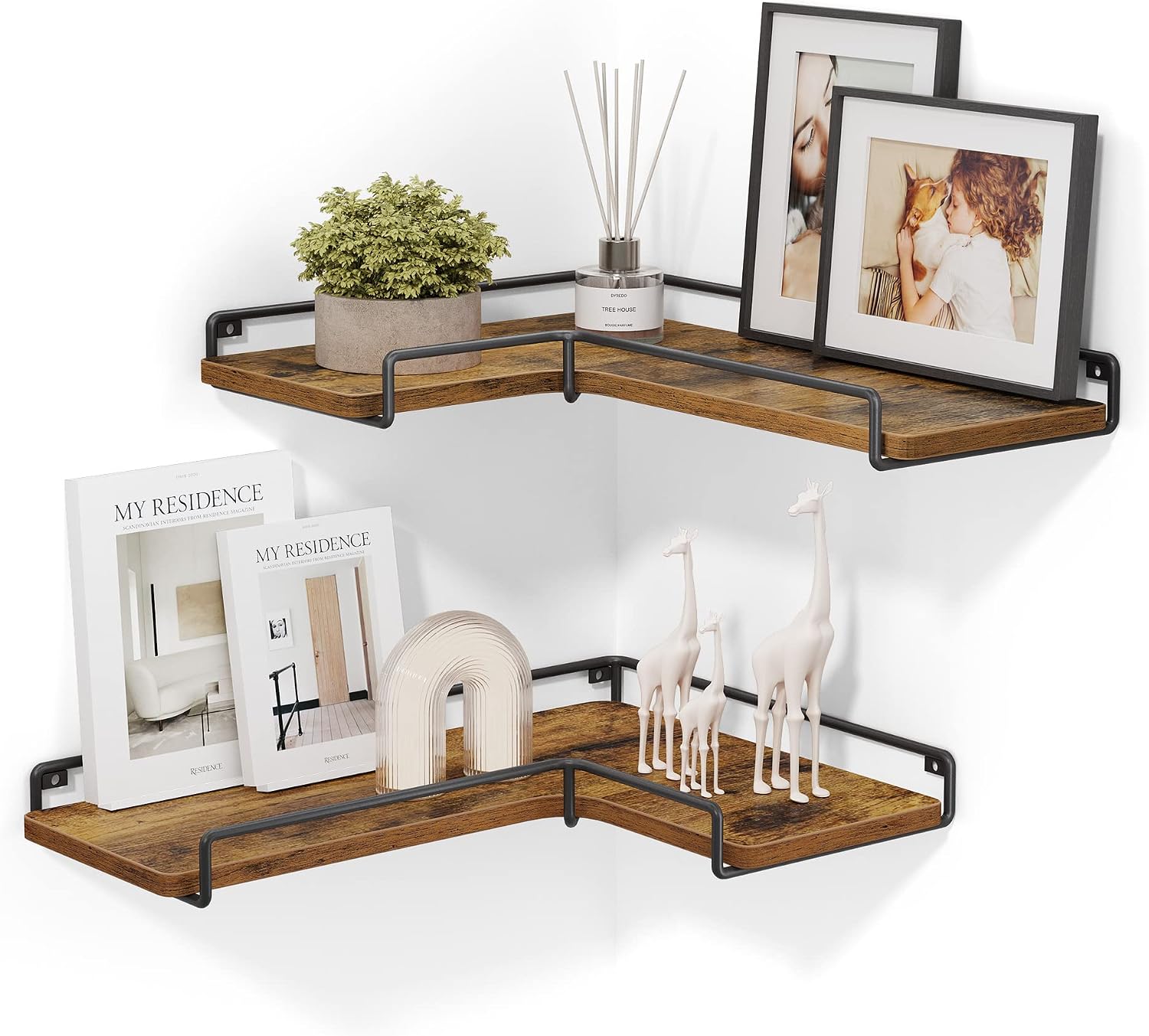 VASAGLE Floating Shelves, Set of 2, L-Shaped Corner Shelves for Wall, Corner Wall Shelf, Industrial Style, for Living Room, Bedroom, Kitchen, Rustic Brown and Black LLS831B01