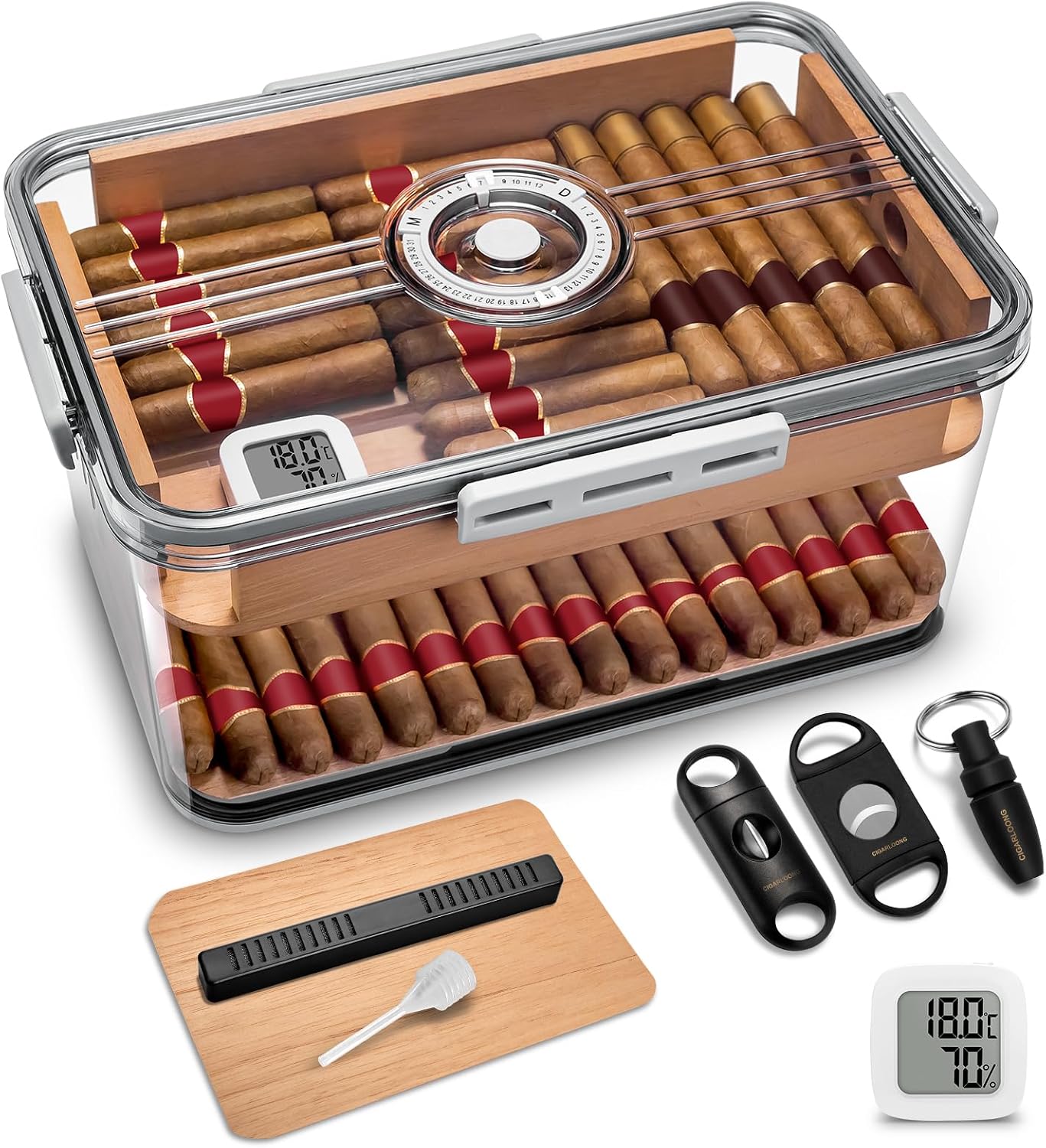 CIGARLOONG Cigar Humidor Large with Cedar Shelves, Cigar Cutter Punch and Hygrometer & Humidifier, Acrylic Cigar Desktop Box Storage for 100 Cigars Partition Clear Airtight Cigar Humidor (Large)