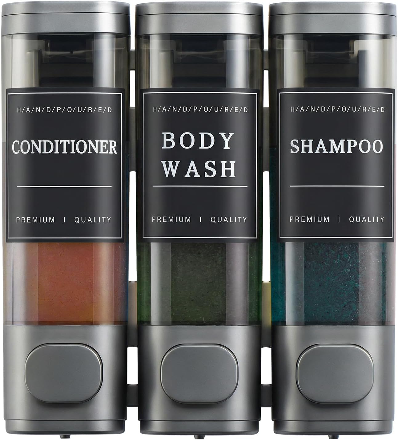 3 Chamber Shampoo and Conditioner Dispenser - Wall-Mounted Shower Soap Dispenser, No Drill, Large Capacity for Bathroom Hotel - Dark Gray