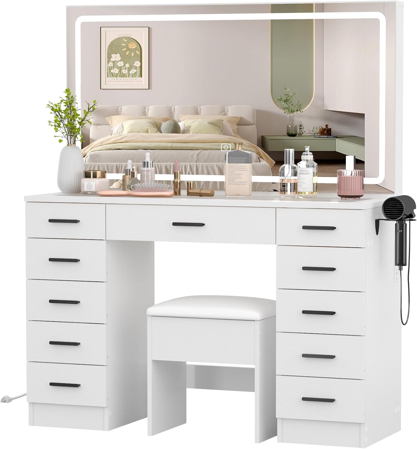 Panana Vanity Desk with 11 Drawers, Glass Top Makeup Table with Mirror and LED Lights Vanity with Stool 3 Lighting Modes Brightness Adjustable Dressing Table with Power Outlet (White)