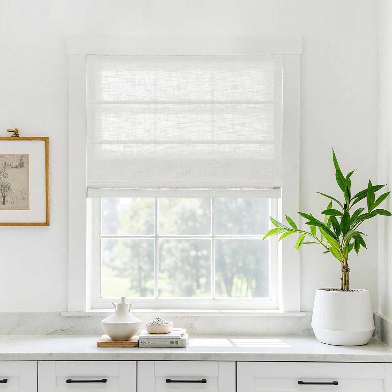 TWOPAGES Linen Roman Shades for Windows Custom Cordless Blinds for Indoor Windows,French Doors,Bedroom, Living Room, Bathroom(Ivory White, Custom Made)