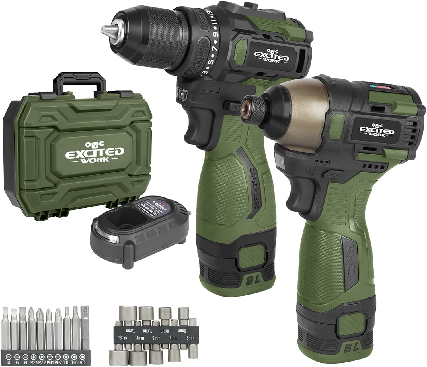 17V Brushless Screwdriver Drill Set, 140Nm Cordless Impact Driver & 55Nm Electric Drill with 3 Adjustable Speed, 2 Batteries and Led Work Light