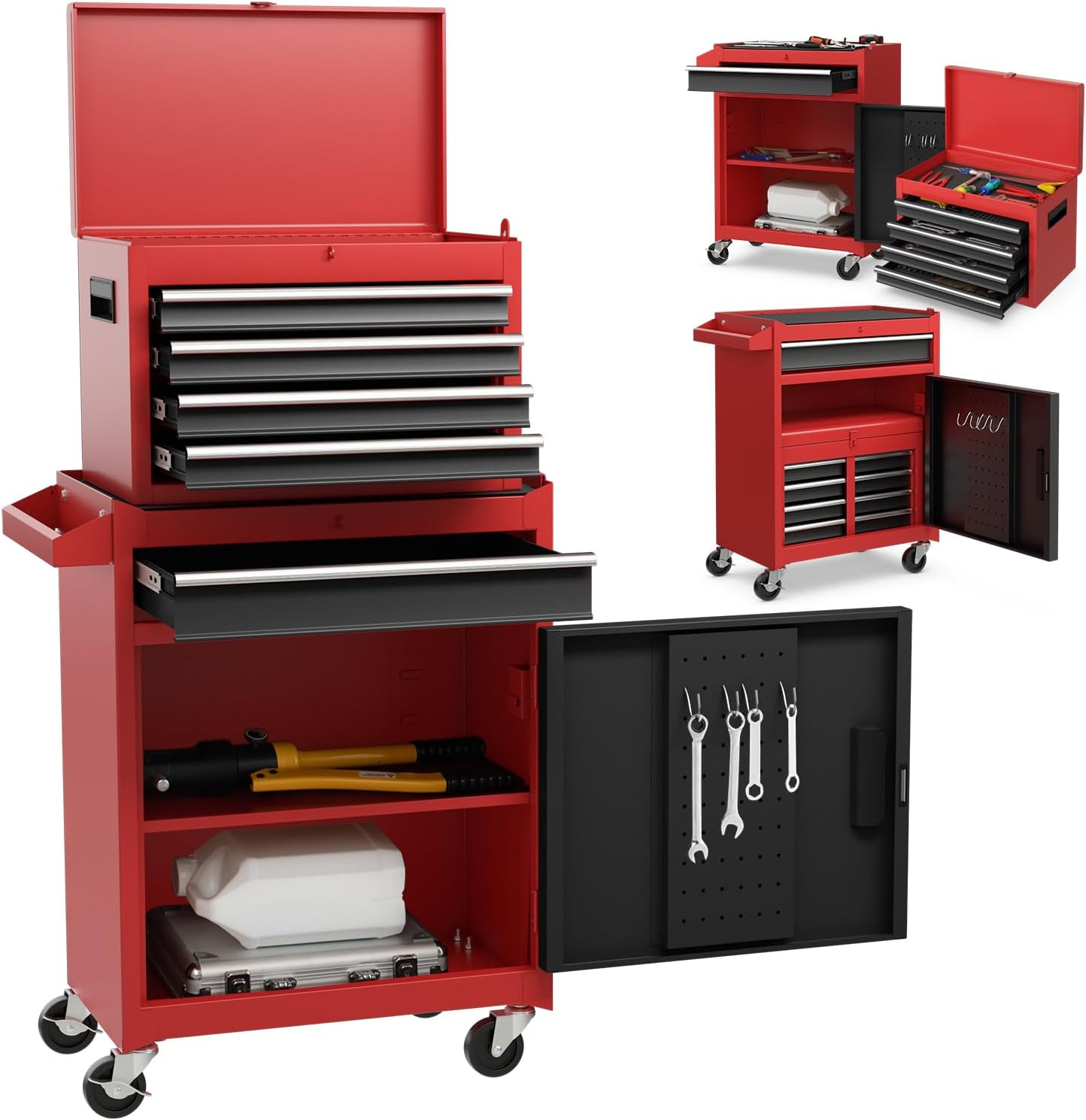 COSTWAY Large Rolling Tool Cabinet, 2-in-1 Detachable Metal Tool Chest with Drawers, Wheel, Handle, Hooks & Pegboard, Lockable Tool Box Trolley for Garage Workshop (with Adjustable Shelf, Red+Black)
