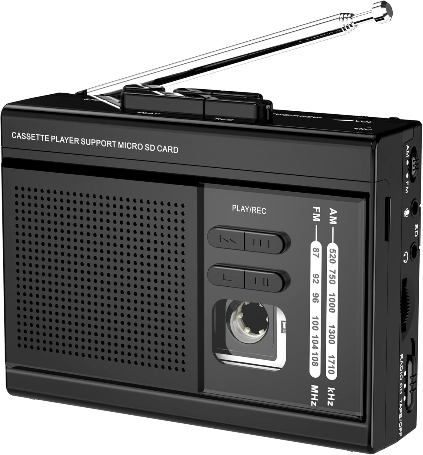 Cassette Player Recorder Converter with AM FM Radio,Cassette to MP3 via SD Card,Cassette Tape Player Support External Microphone with 3.5mm Headphone Jack Powered by Type-C or AA Battery