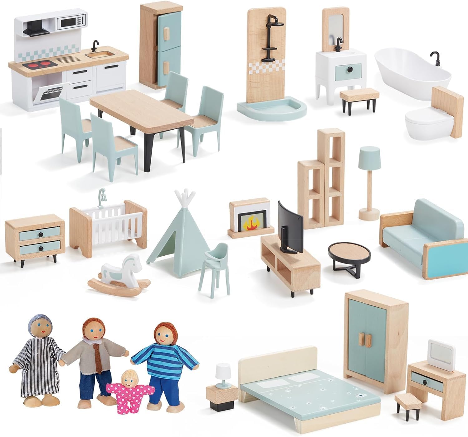 Giant bean Wooden Dollhouse Furniture Set, 36pcs Furnitures with 4 Family Dolls, Dollhouse Accessories Pretend Play Furniture Toys for Boys Girls & Toddlers 3Y+