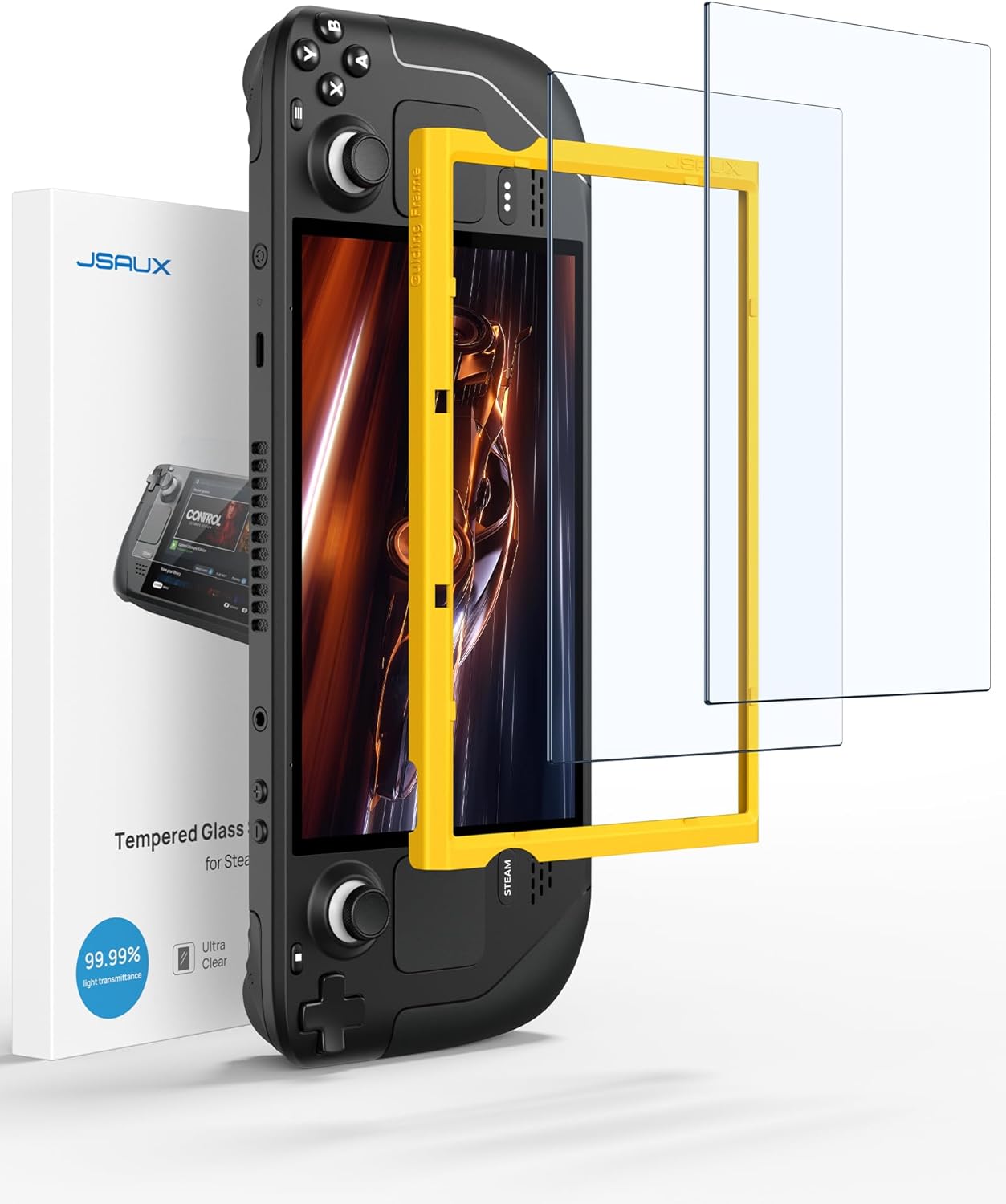 JSAUX 2-Pack Screen Protectors Compatible with Steam Deck, Ultra HD Tempered Glass Protector 9H Hardness Easy to Install with Guiding Frame Scratch Resistant, Come with Toolkits