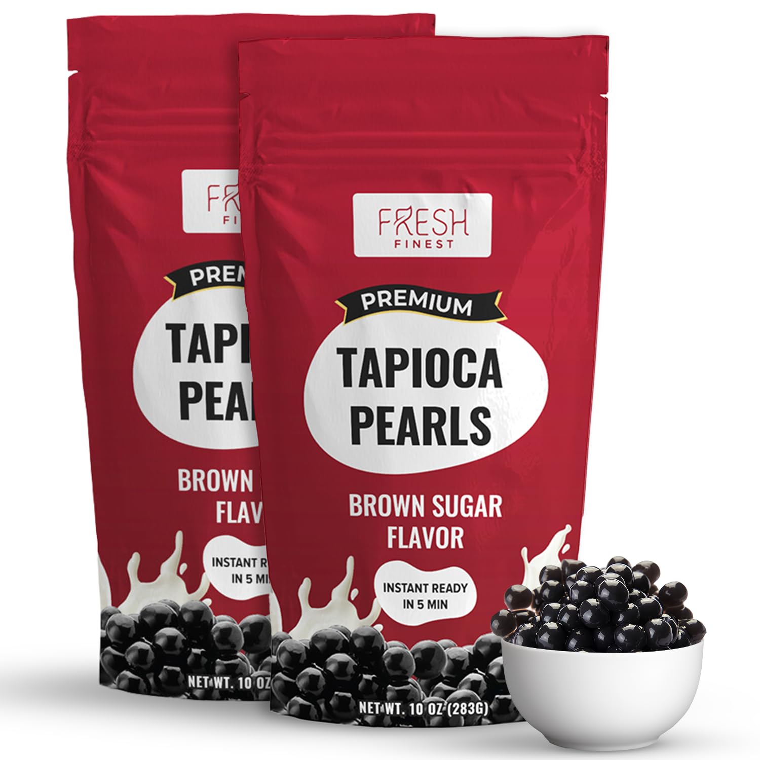 Fresh Finest Brown Sugar Boba Pearls for Boba Tea – 12 Servings Instant Tapioca Pearls Ready in 5 Minutes, 10 Oz Packs (2 Packs)