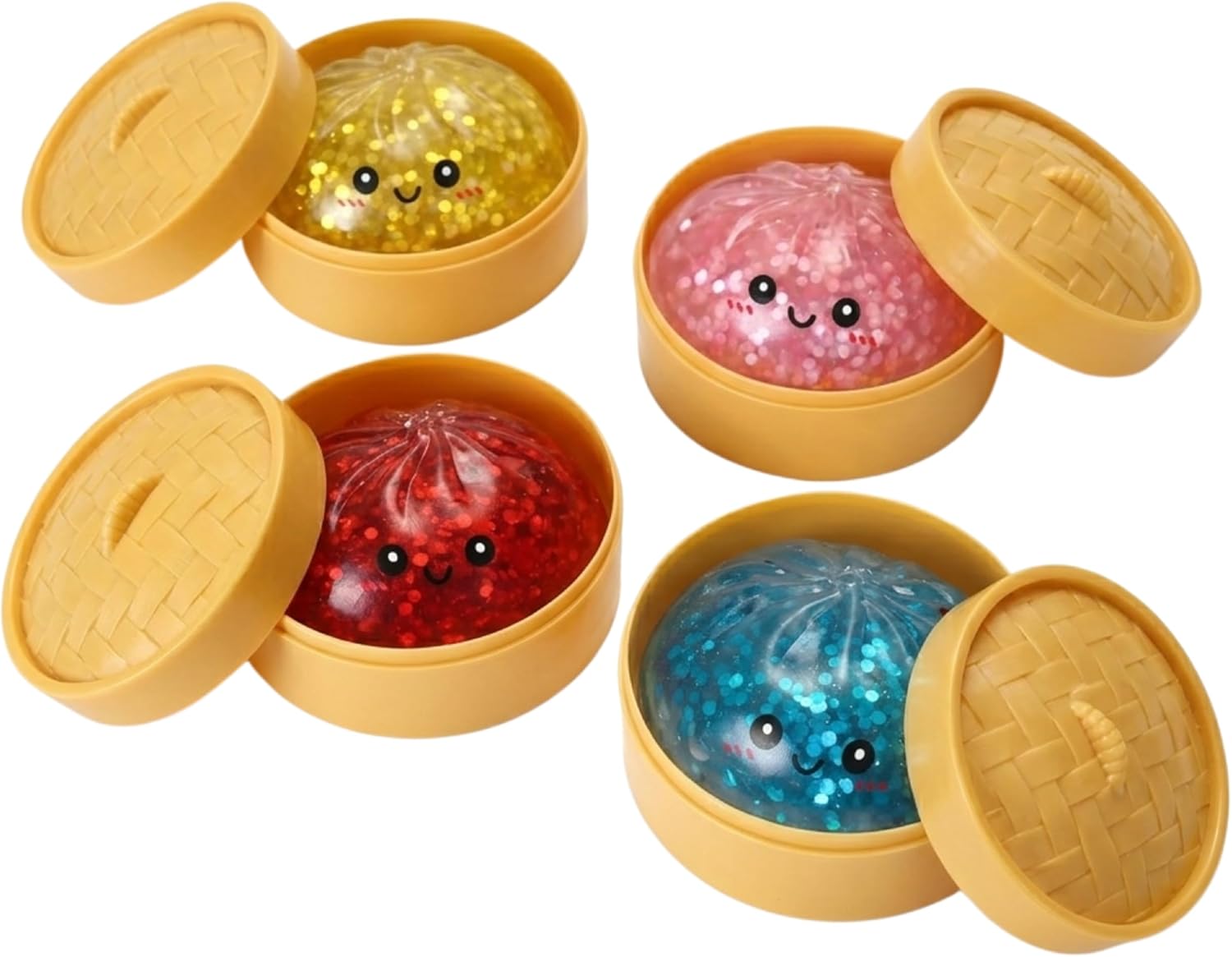 4Pcs Large Dumpling Squishy Toy with Steamer Box Glitter Squishes, TPR Squeeze Viral Mystery Dumpling Bao Bun Fidget Toy, Soft Dough Toys for Kids, Adults, Novelty Birthday Gift, Collectible