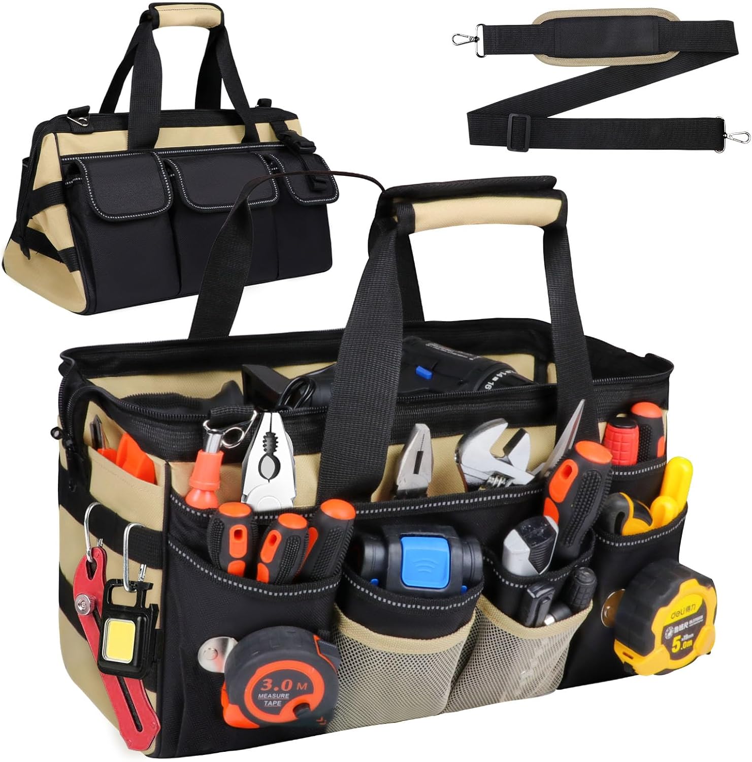 15 Inch Heavy Duty Tool Tote Bag with 24 Pockets, Wide Open Mouth Tool Box Organizer Case with Shoulder Strap, Portable Electrician Tool Kit Storage Carrying Pouch with Lockable Zipper (Khaki)