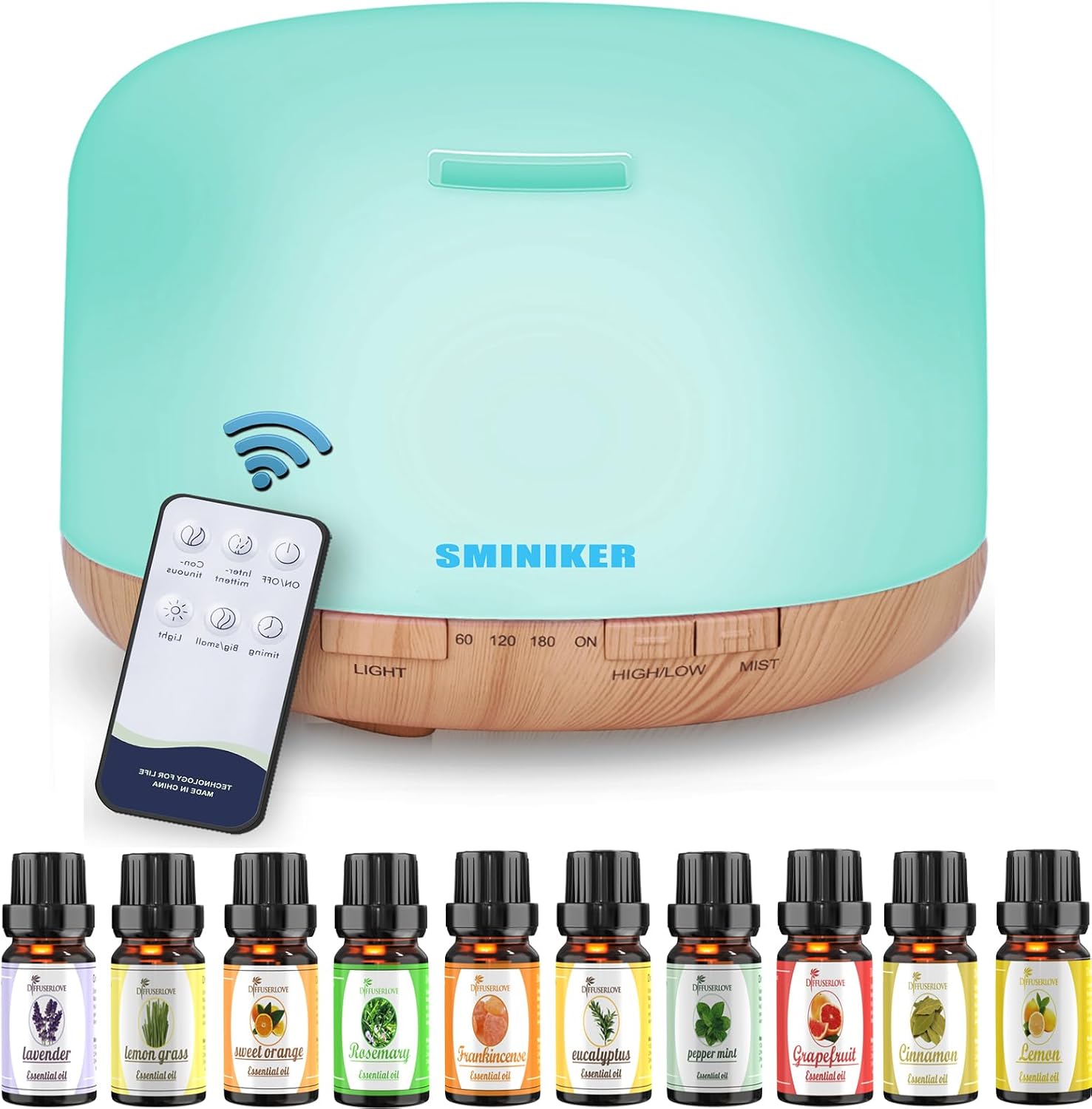 Sminiker Diffuser 500ML Essential Oil Diffuser Adjustable Mist Mode and Waterless Auto Shut-Off with Wireless Remote, 7 LED Light Colors Diffusers for Home