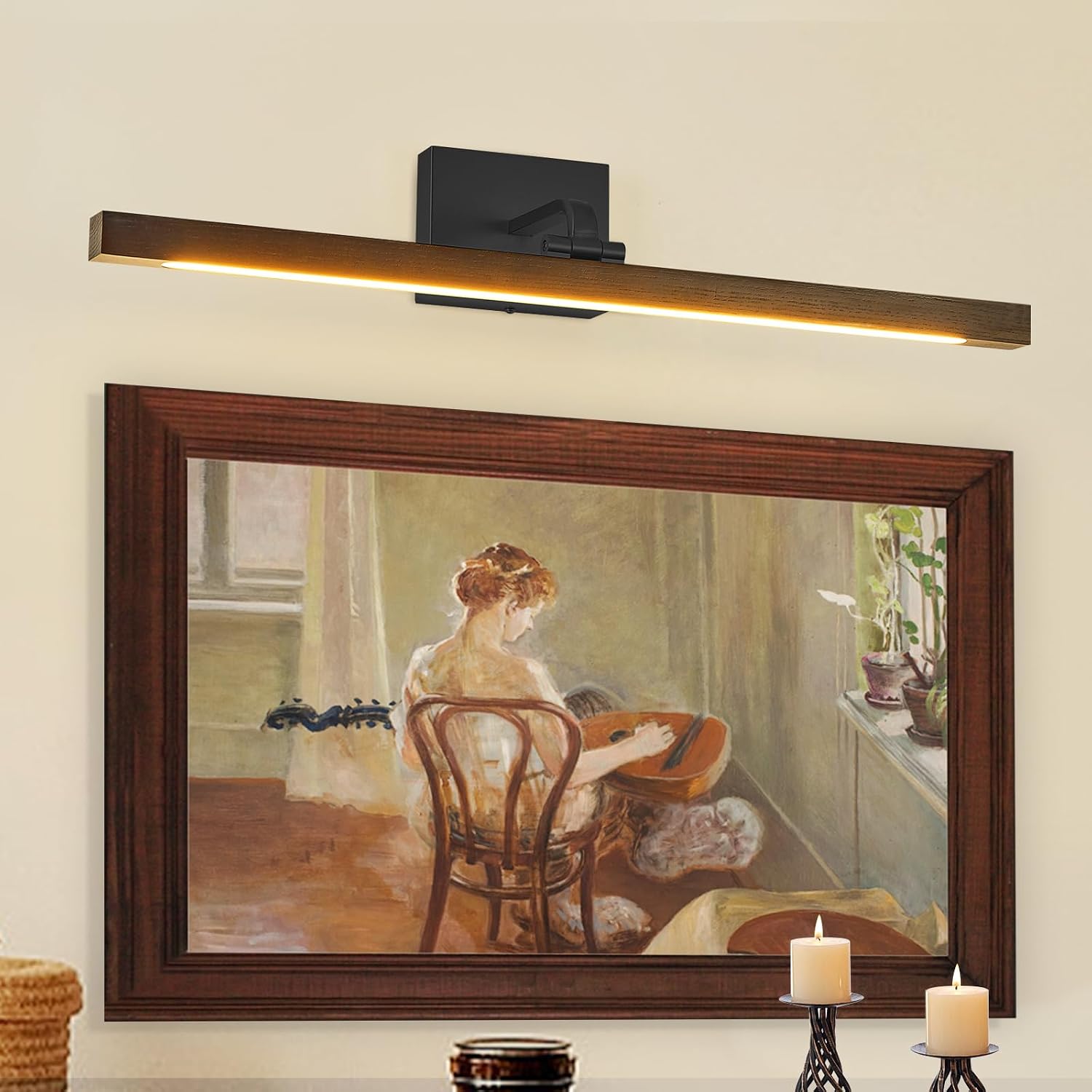 Picture Light 27.5" Wood Picture Lights for Wall Hardwired Gold Picture Frame Light Dimmable Art Gallery Light Accent Lighting Bathroom Wall Sconce for Artwork Poster Portrait Library Display 5CCT