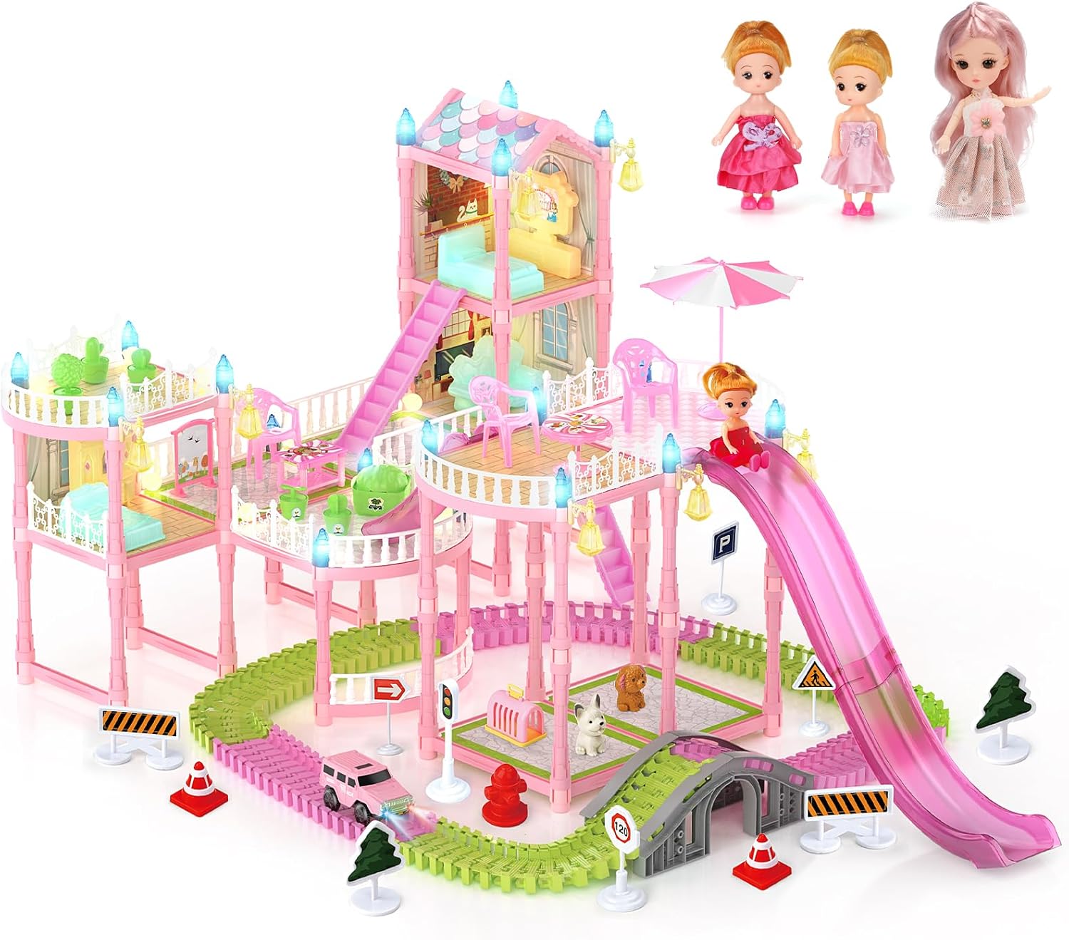 Doll House with Lights&Track Car Toy Set,Princess Dollhouse for Girls, 3 Dolls, Pets, Car, Furniture and Accessories, Design and Build Gift for 3 4 5 6 7 8+ Year Old Girls