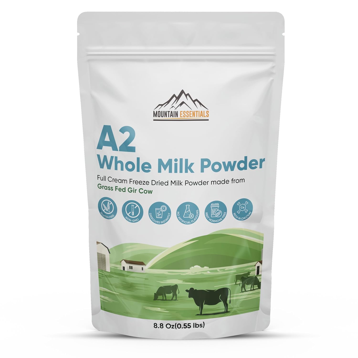 MOUNTAIN ESSENTIALS A2 Whole Milk Powdered Milk 8.8 Oz – Full Cream, Freeze Dried, Gluten Free, Shelf Stable, Non-GMO – Made From Grass-Fed Gir Cow – Easy To Digest – For Cooking & Baking
