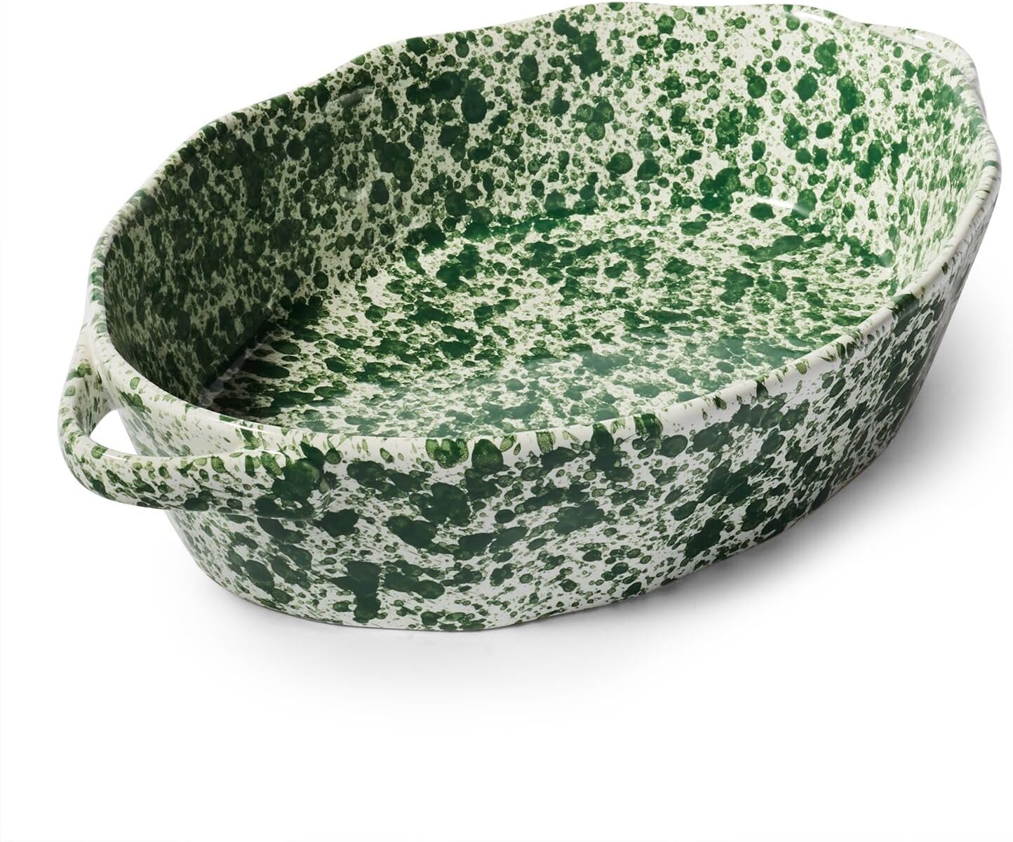 Sur La Table Splatter Stoneware Oval Baker, 2.4 Qt, Reactive Glaze Casserole Dish for Baking, Roasting and Oven-to-Table Serving, 2.4 Qt