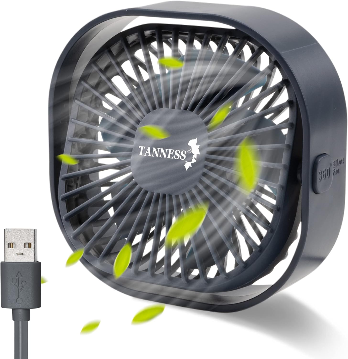 TANNESS Desk Fan, USB, 360Β° Rotation | Small, Portable Quiet, 3 Speed Fans & Strong Airflow, Standing Cooling Quiet Bedroom, Navy