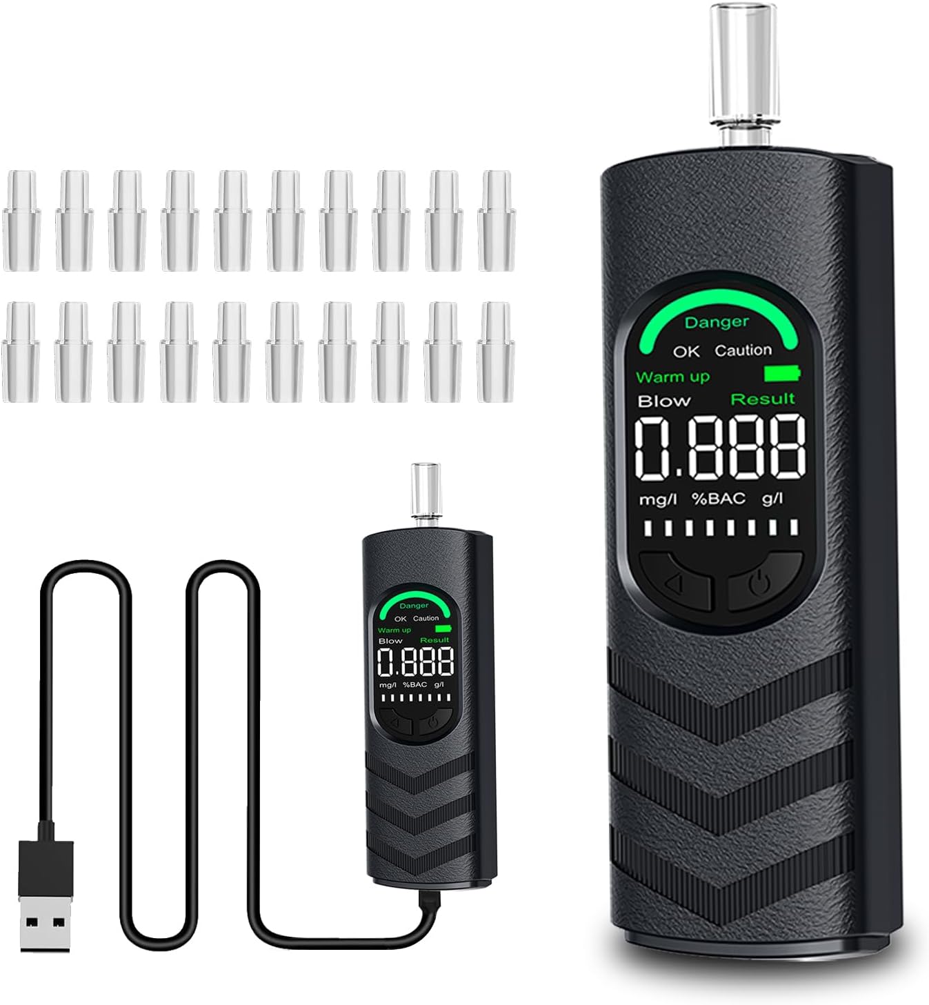 Breathalyzer, Alcohol Tester UK Breathalysers with USB Rechargeable and 20 Mouthpieces, Professional Dual Sensor Digital Breathalyzer Portable Breathalyser Home Personal Professional Use
