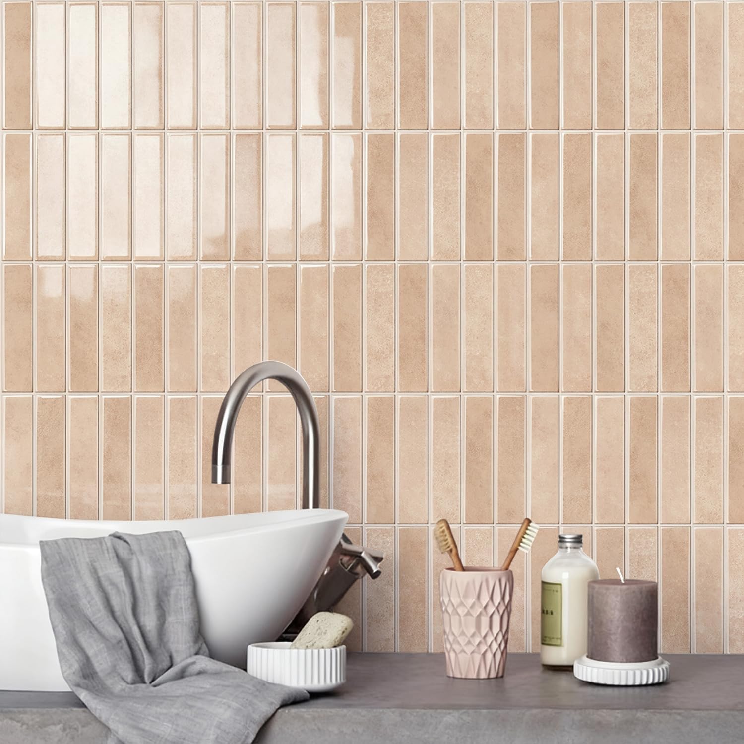 Alwayspon 10 Sheets 12inch/30.5cm 3D Vinyl Backsplash Tiles, Self-Adhesive Peel and Stick Wall Tile Stickers Stick on Subway Tiles for Kitchen Bathroom Wall, Warm Beige Pink