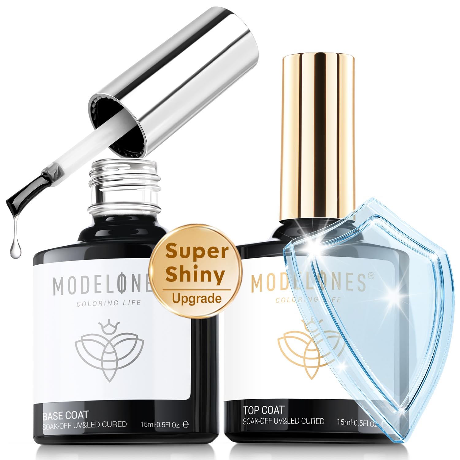 modelones Gel Top Coat, 15 ml 2025 Upgrade Super Shiny Base and Top Coat Set, Soak Off Nail Lamp Acid Free No Wipe Clear Base Top Gel Nail Polish