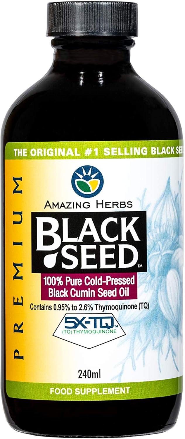 Black Seed Oil - Amazing Herbs Premium High Strength Pure Cold-Pressed Black Cumin Seed Oil (240ml, 8oz Glass Bottle)