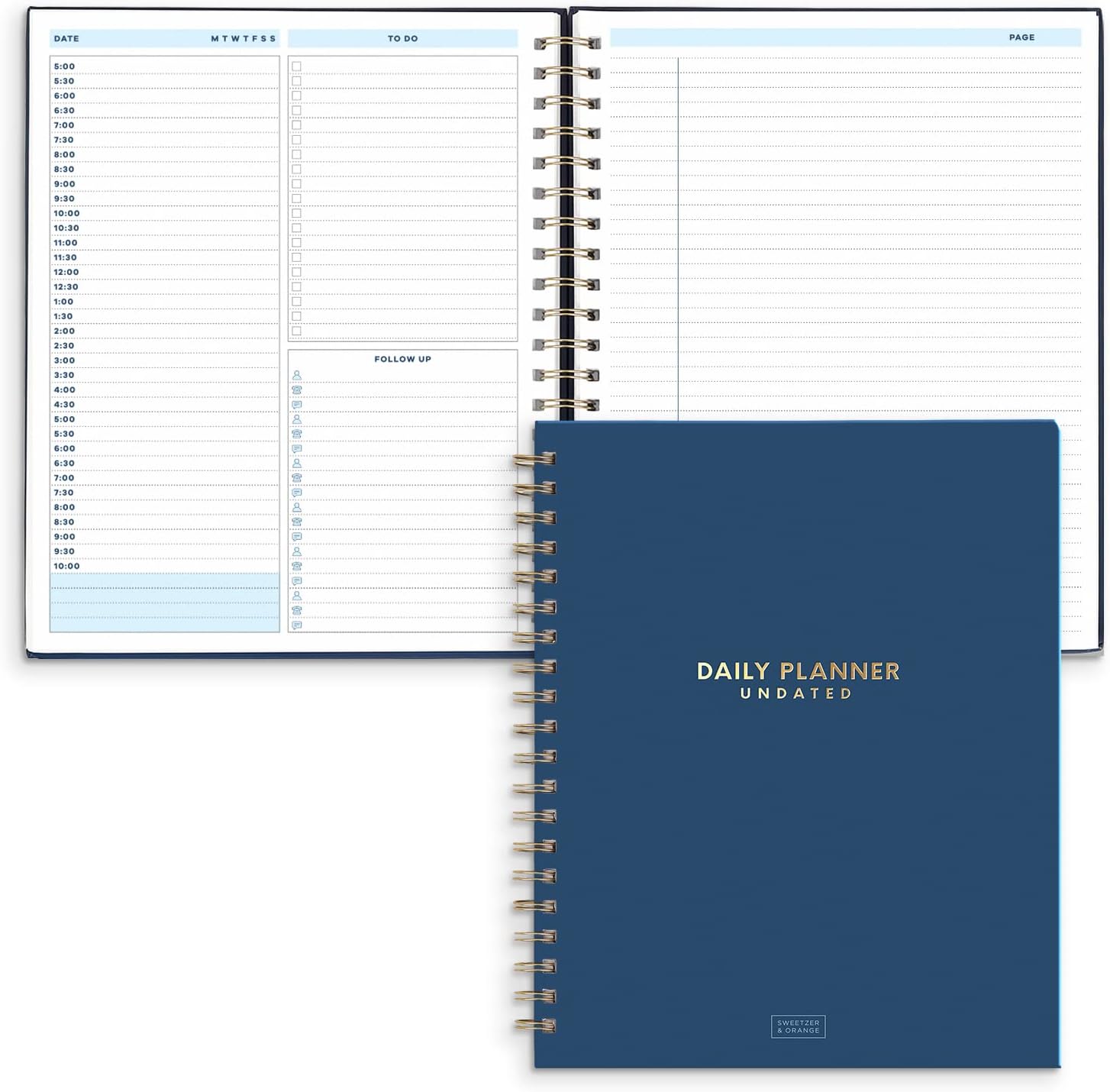 Sweetzer & Orange Undated Daily Planner for Ultimate Organization - 9x10.75'' Spiral with Hourly Schedule-Daily Notebook- To Do List Planner- Work Organizer 200 Pages