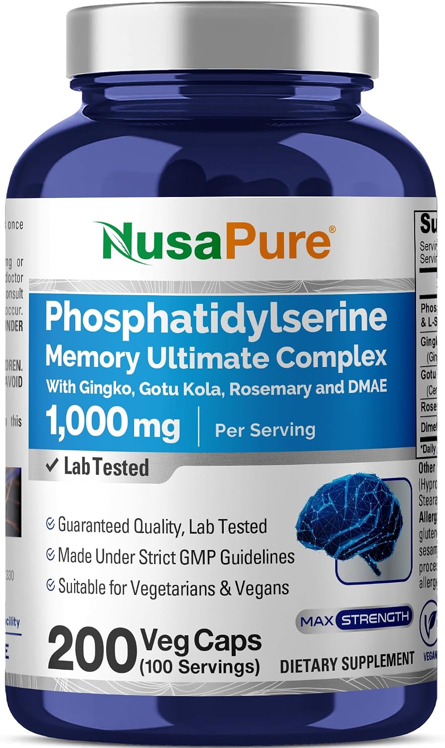 Phosphatidylserine Memory Ultimate Complex,1000mg, 200 Veg Caps -100 Serves | Vegan, Non GMO, 10:1 gingko Biloba, 4:1 Gotu kola, 4:1 Rosemary & DMAE, Suitable for Adults, Made in cGMP Facility USA
