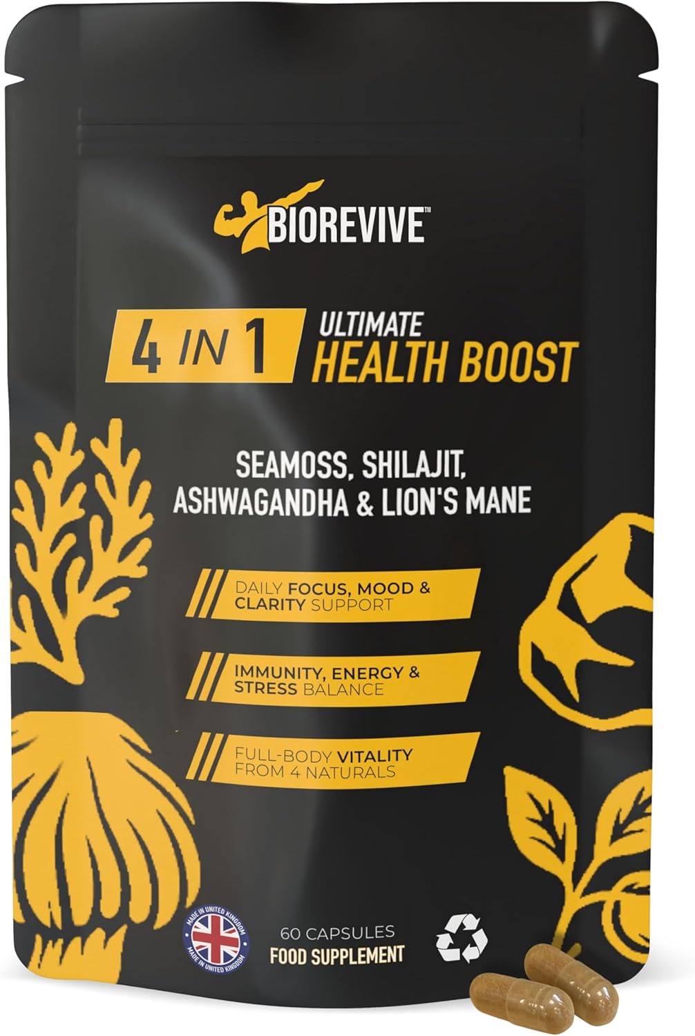 Biorevive Ultimate Health Boost Sea Moss, Shilajit, Lion's Mane and Ashwagandha Complex 60 Capsules Natural Energy, Focus, Immunity and Gut Health Support Wellness Supplement