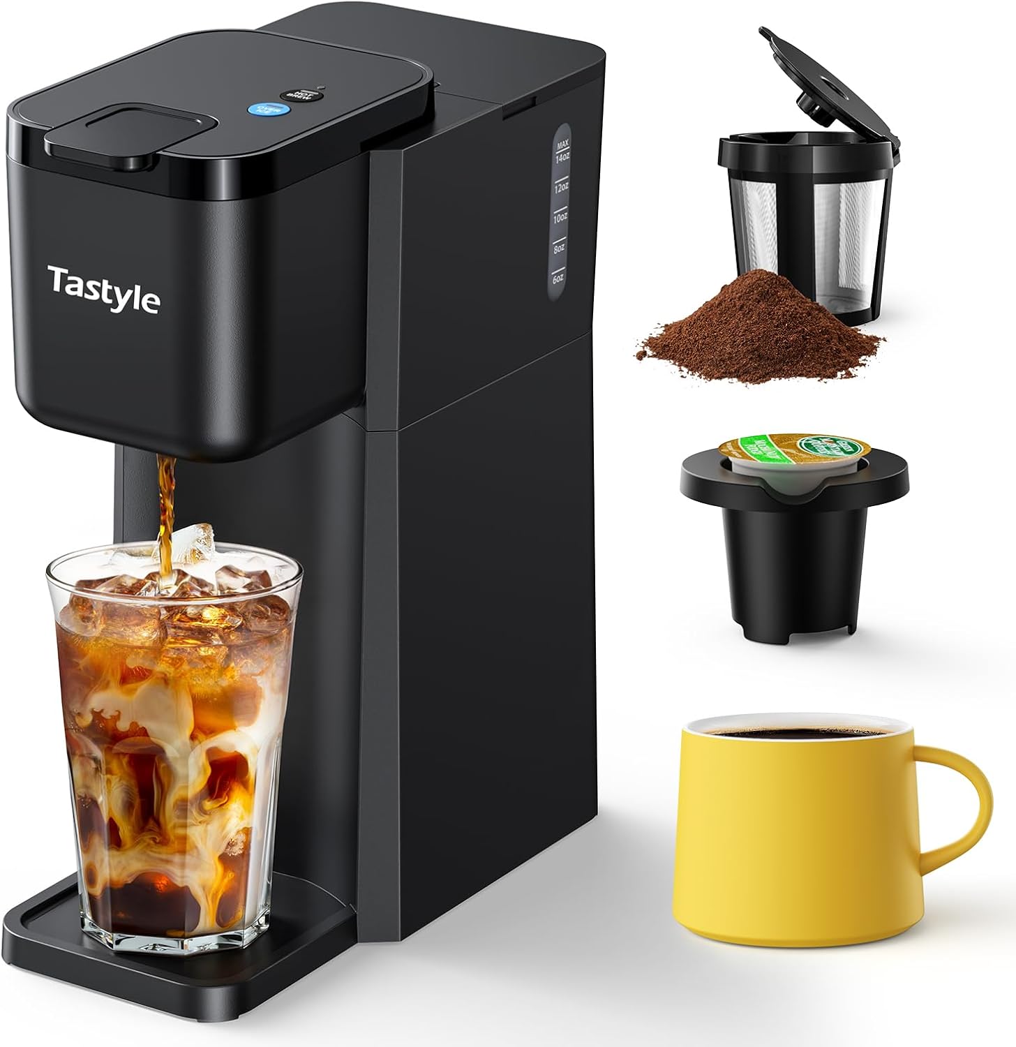 Single Serve Hot and Iced Coffee Maker, Single Cup Coffee Maker for K Cup and Ground, Beer Sizes 6-14 oz with Recipe Book, for Home, Travel, RV, Office and Dorm,