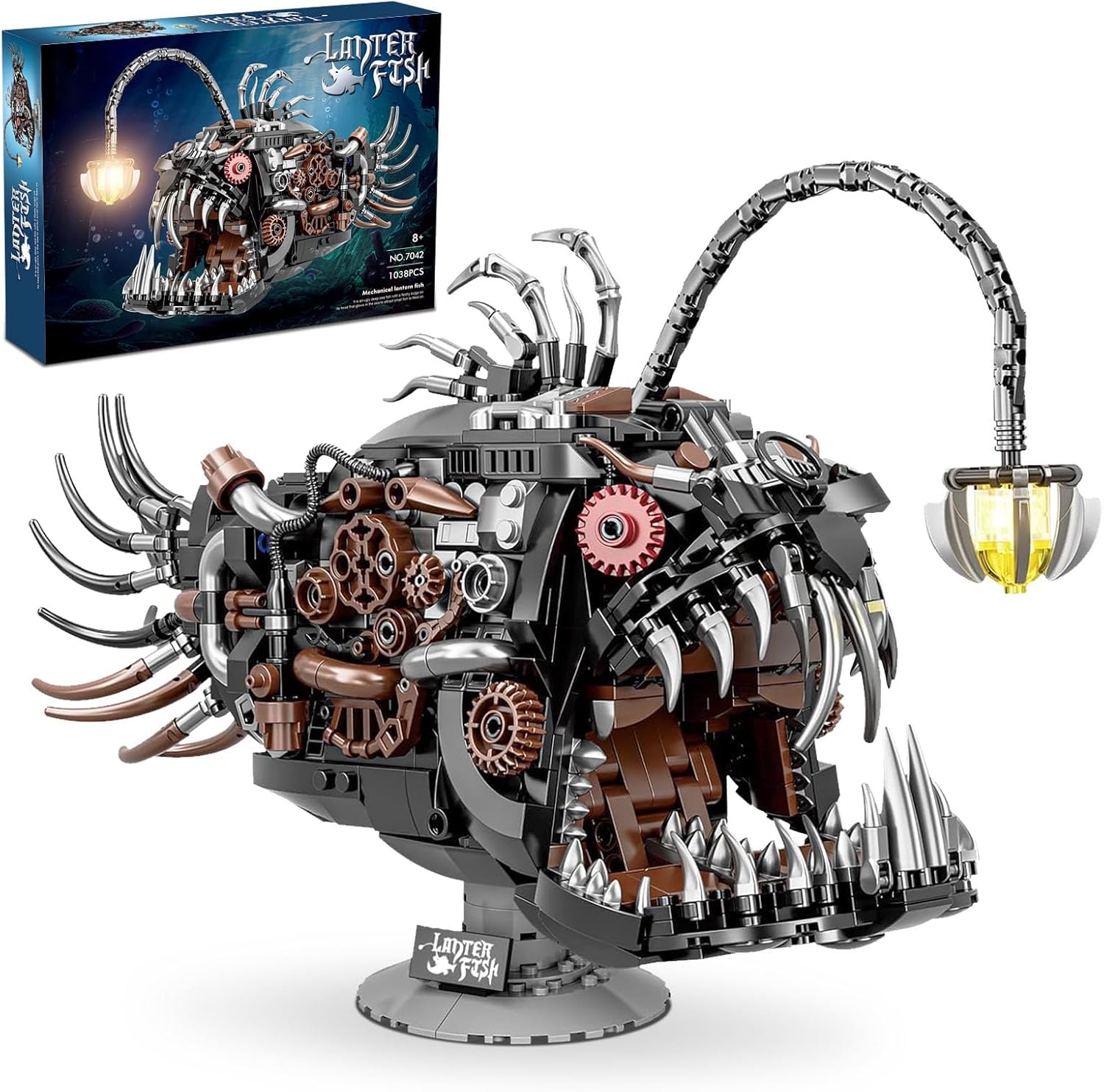 Mechanical Lantern Fish Building Sets for Adults, Compatible with Lego, Creative Ocean Animal Toy for Home Office Decor, STEM Gift for Boys 8-14