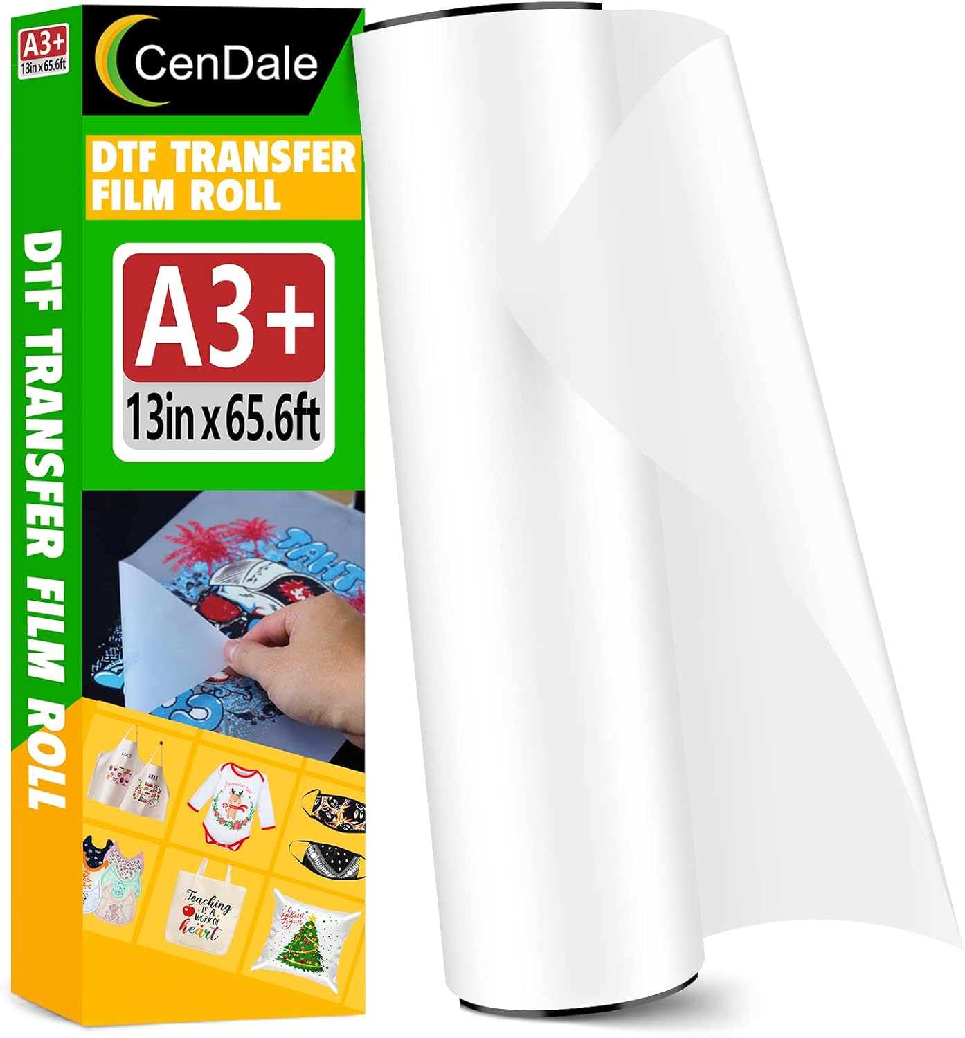 CenDale Premium A3+ DTF Film Roll, 13"x65.6ft, Double Sided Matte Clear PreTreat PET Heat Transfer Paper, Hot & Cold Peel, Direct to Film for T-Shirts Textile