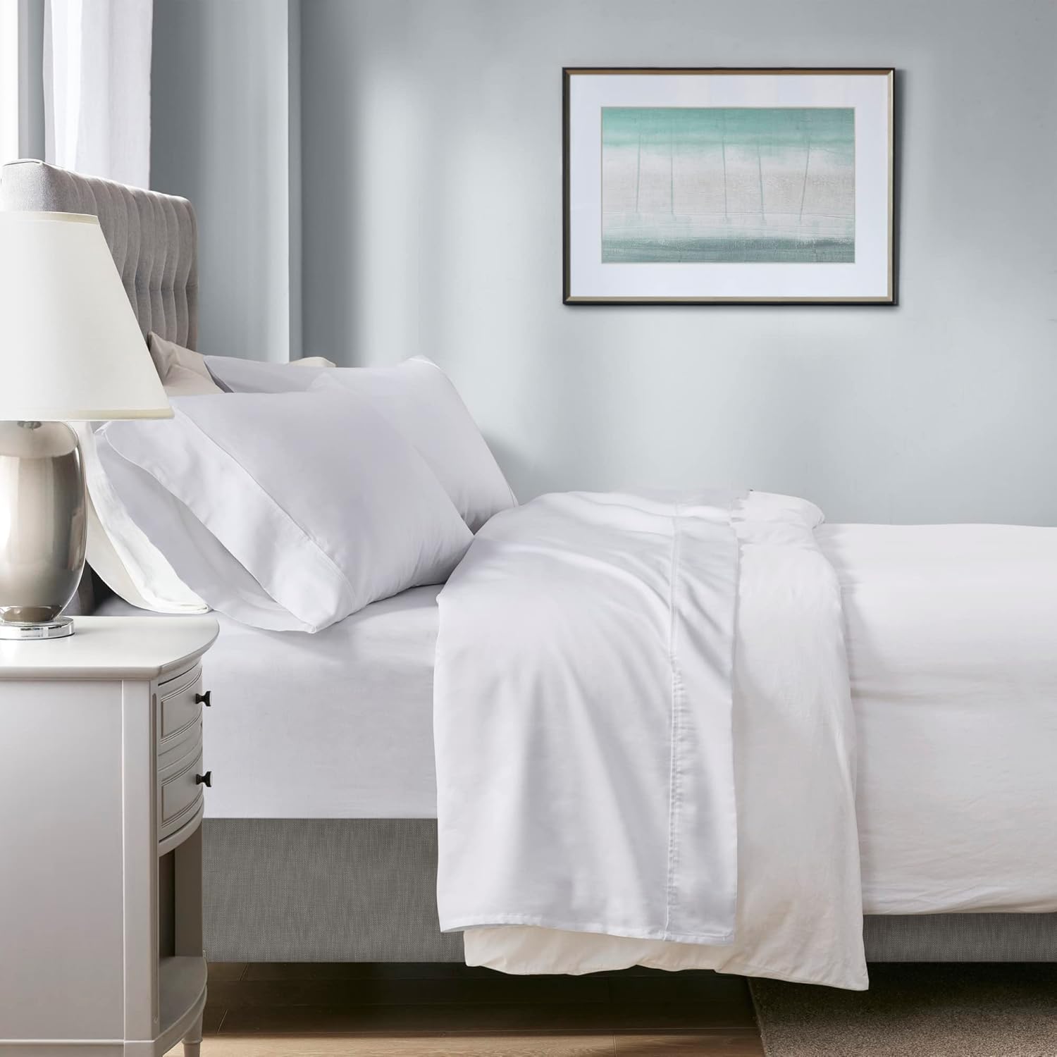 Beautyrest 1000 Thread Count, Solid Color Sheet Set, Elastic Deep Pocket, All Season, Breathable, HeiQ Smart Temperature, Soft Cotton Blend Bedding, Matching Pillowcase, Queen White 4 Piece