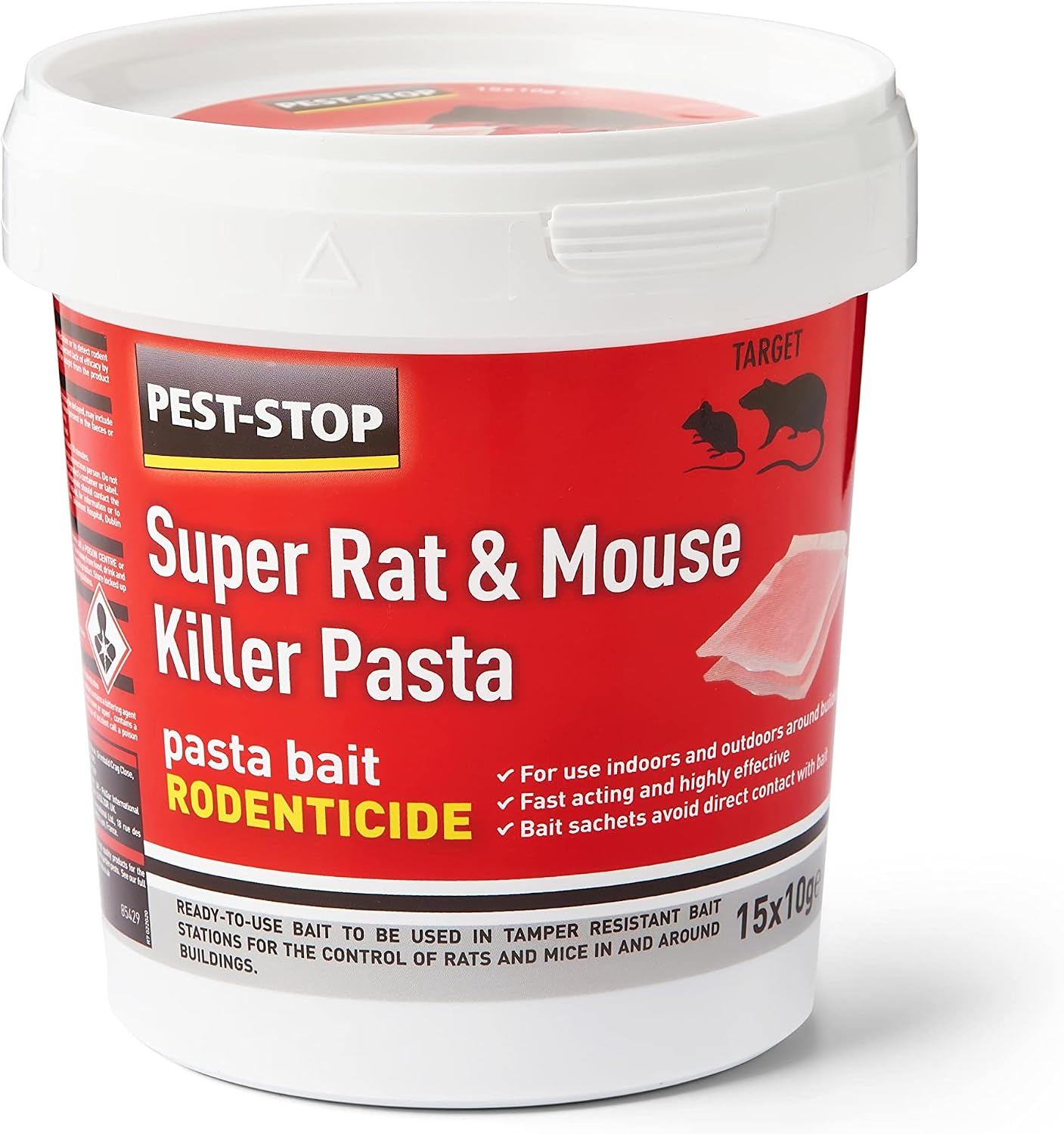 Pest-Stop Super Rat & Mouse Killer Pasta Bait | Effective Bait for Mice and Rats | Rodent Control Solution for Home and garden | Suitable for Baiting stations (15 x 10g), Red